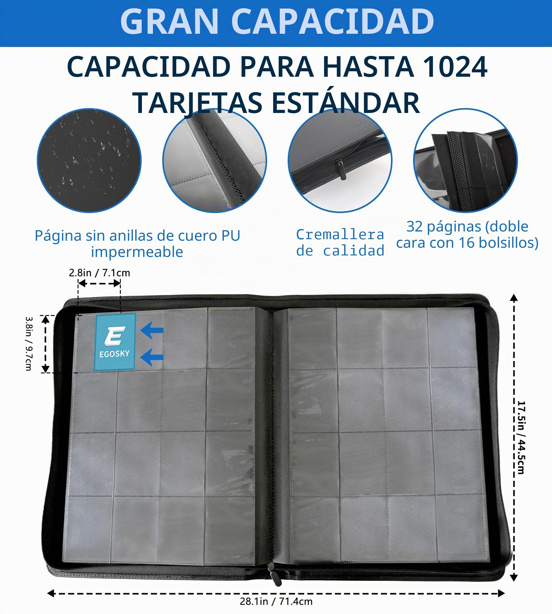 EGOSKY Carpeta de 1000 Bolsillos, 16 Bolsillos de Carga Lateral para Tarjetas MTG, TCG, Deportivas, de Visita y de Juegos - Color Azul
