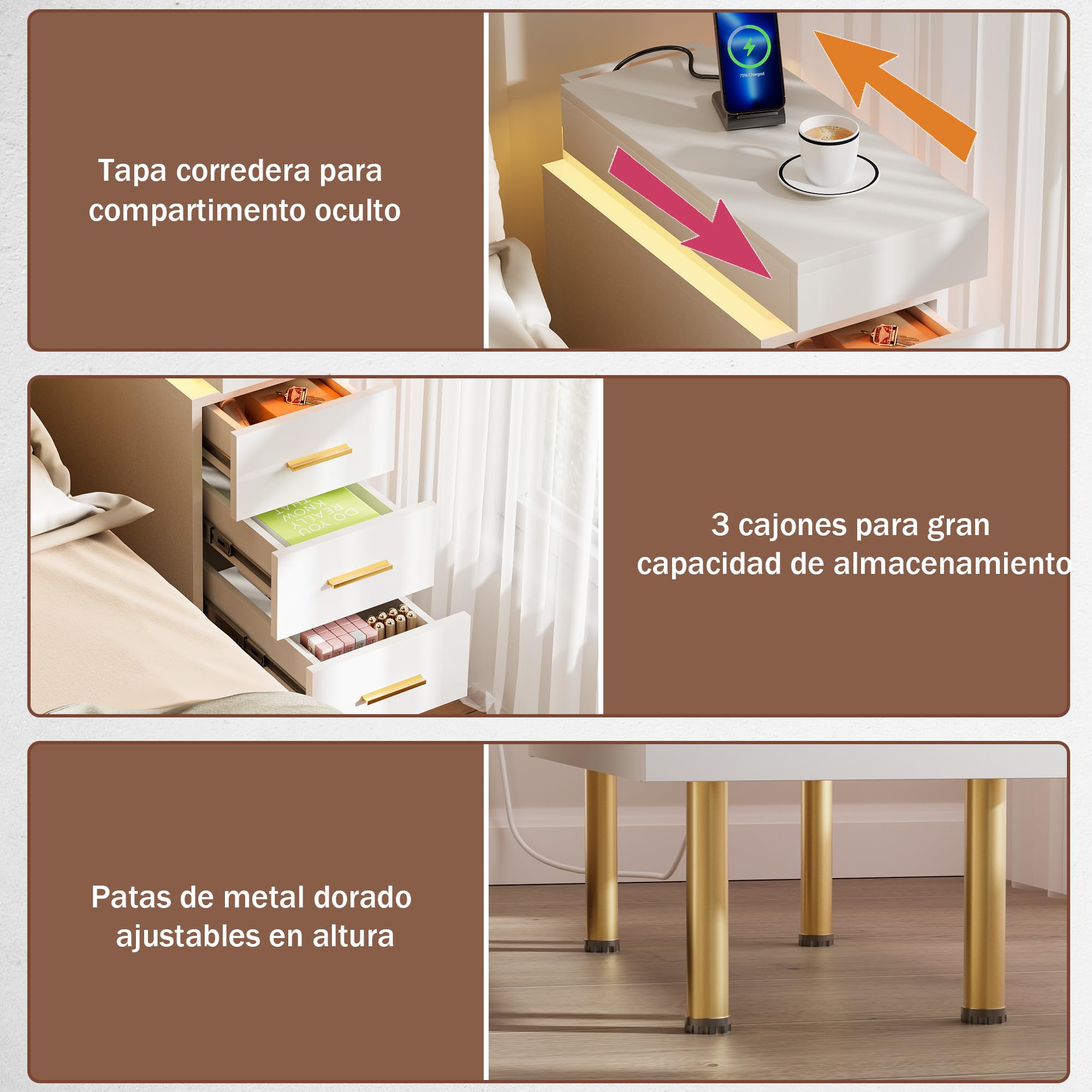Mesita de Noche Estrecha con Enchufe y Tira de luz RGB Mesitas de Noche Estrecha con 3 cajones, Patas de Metal Dorado Mesillas de Noche para Dormitorio, Salón Blanco