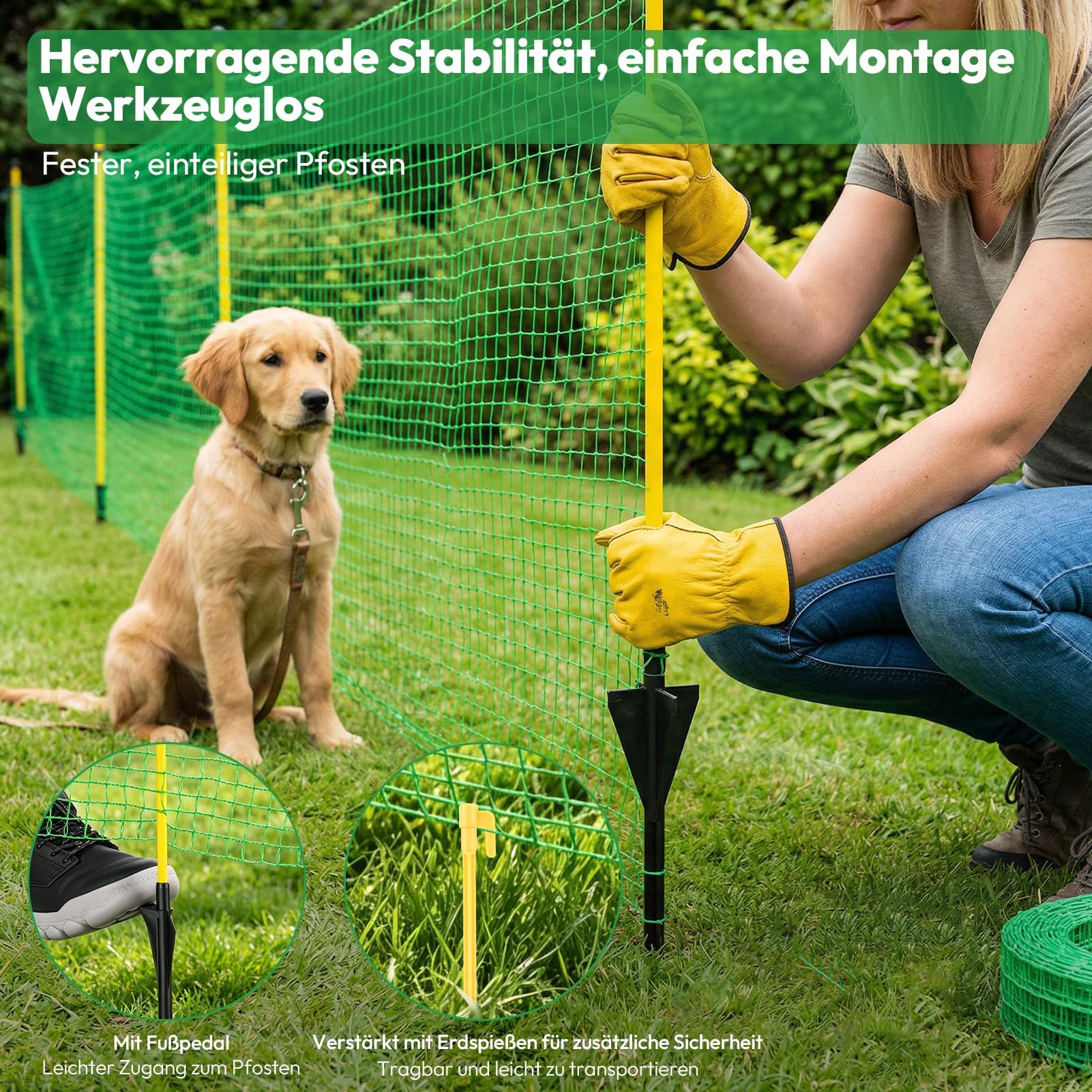 Filet à poule et clôture amovible en nylon vert – 90 cm x 20 m, 12 piquets – Grillage souple pour chien, poule, volaille et potager – Idéale pour le jardin, l'extérieur et le camping.