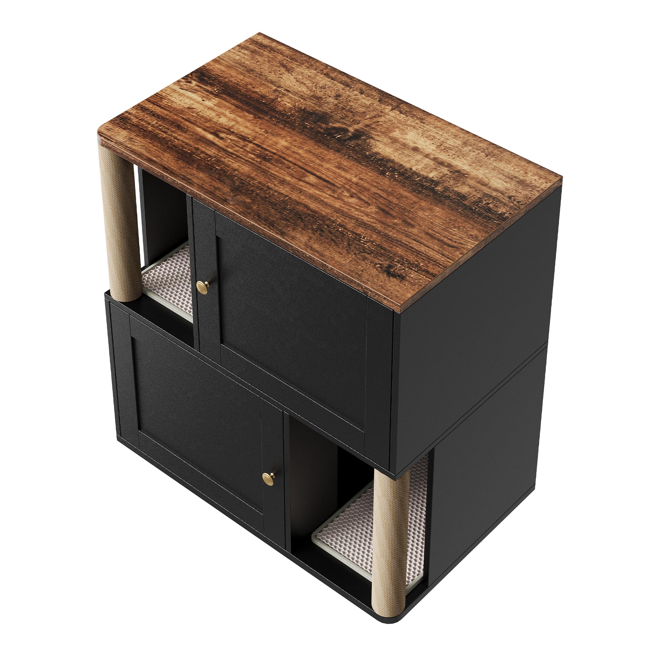 Garvee Armoire d’Angle Double pour litière de Chats – Meuble fermé à 2 Niveaux avec Tapis antidérapants et griffoir – Rangements hygiéniques pour Chats – Bois Noir Basique – Modèle Noir Basique