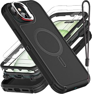 for iPhone 15 Plus Case, Military Grade 3 in 1 Heavy Duty Shockproof/Drop Proof/Dust Proof with Kickstand Case, with 2 x Tempered Glass Screen Protector & 1 x Wrist Strap (ZJ-Black/Black)