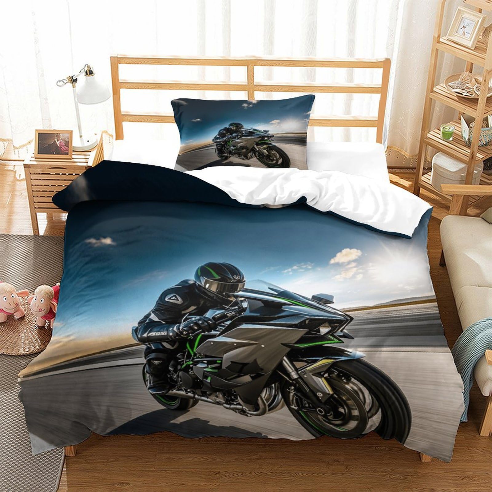 XiaopangXY Moto Racing Lovingly Comforter Cover Hidden Zipper Duvet Cover Set with Pillowcases Bed Linen Set Soft Microfiber Motorcycle Quilt Cover Set for Kids & Adults Single（135x200cm）