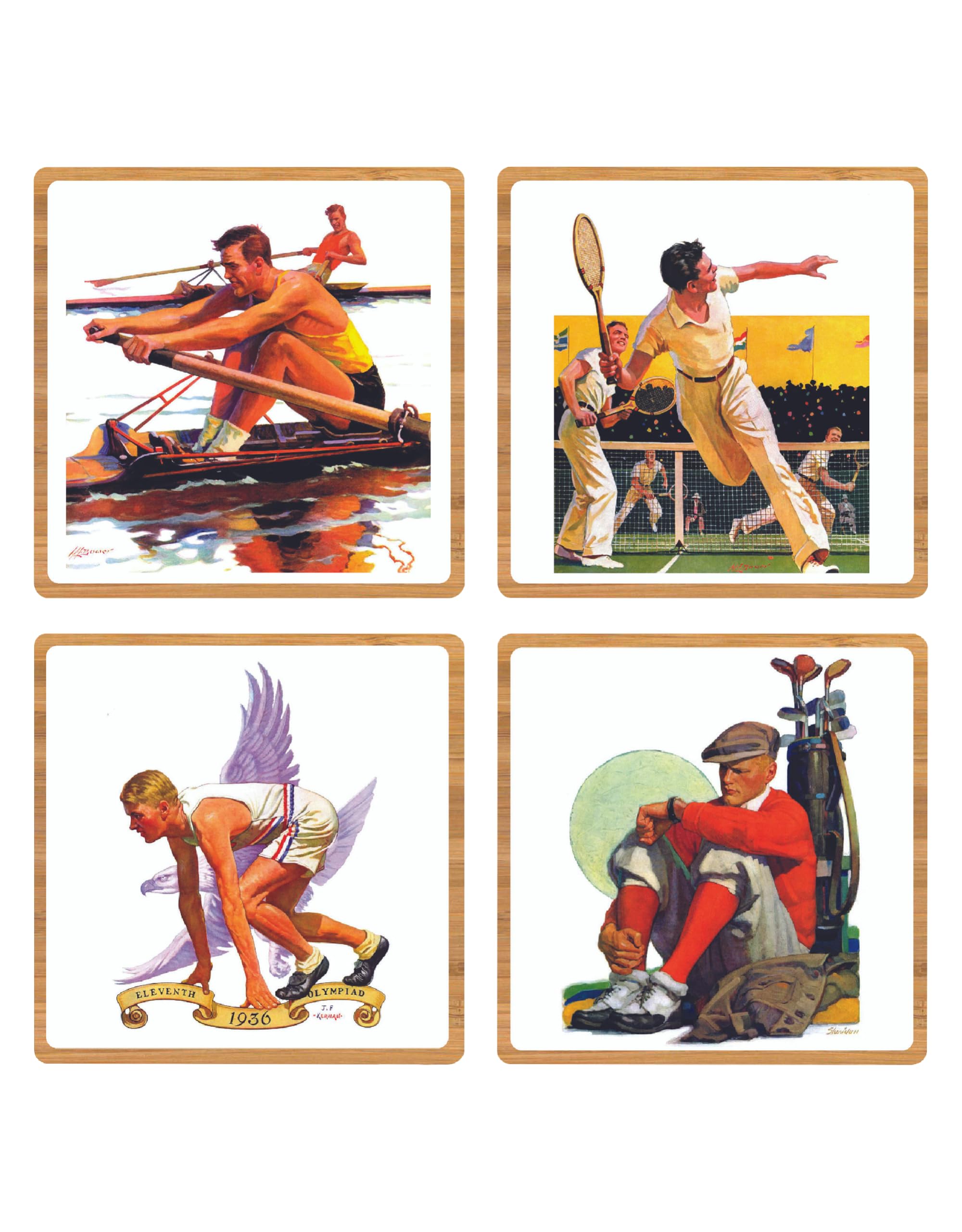 Saturday Evening Post™ Set of 4 Sports Wooden Coasters w/ Base | Laser-Cut 3.75-inch Square Bamboo Beverage Coasters with Cork Backing | Laser-Cut Metal Display and Storage Base