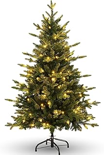 4ft Pre-Lit Artificial Christmas Tree with Warm White LED Lights, Realistic Green Spruce with PE & PVC Tips, Hinged Branch...