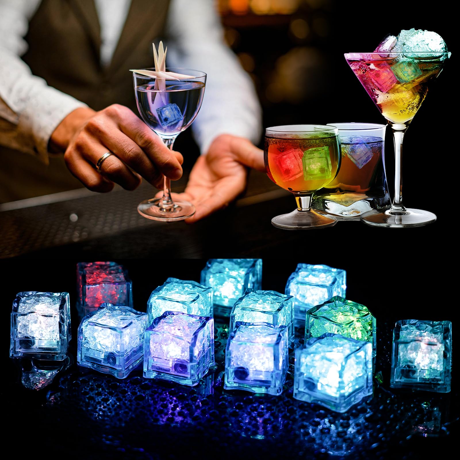 24 Stück LED Eiswürfel: Wiederverwendbar Flash LED Ice Cube, Leuchtende Eiswürfel mit Led Licht, Blinkende Eiswürfel mit Licht, Bunte Eiswürfel Leuchtend für Hochzeit, Party, Bar und Club
