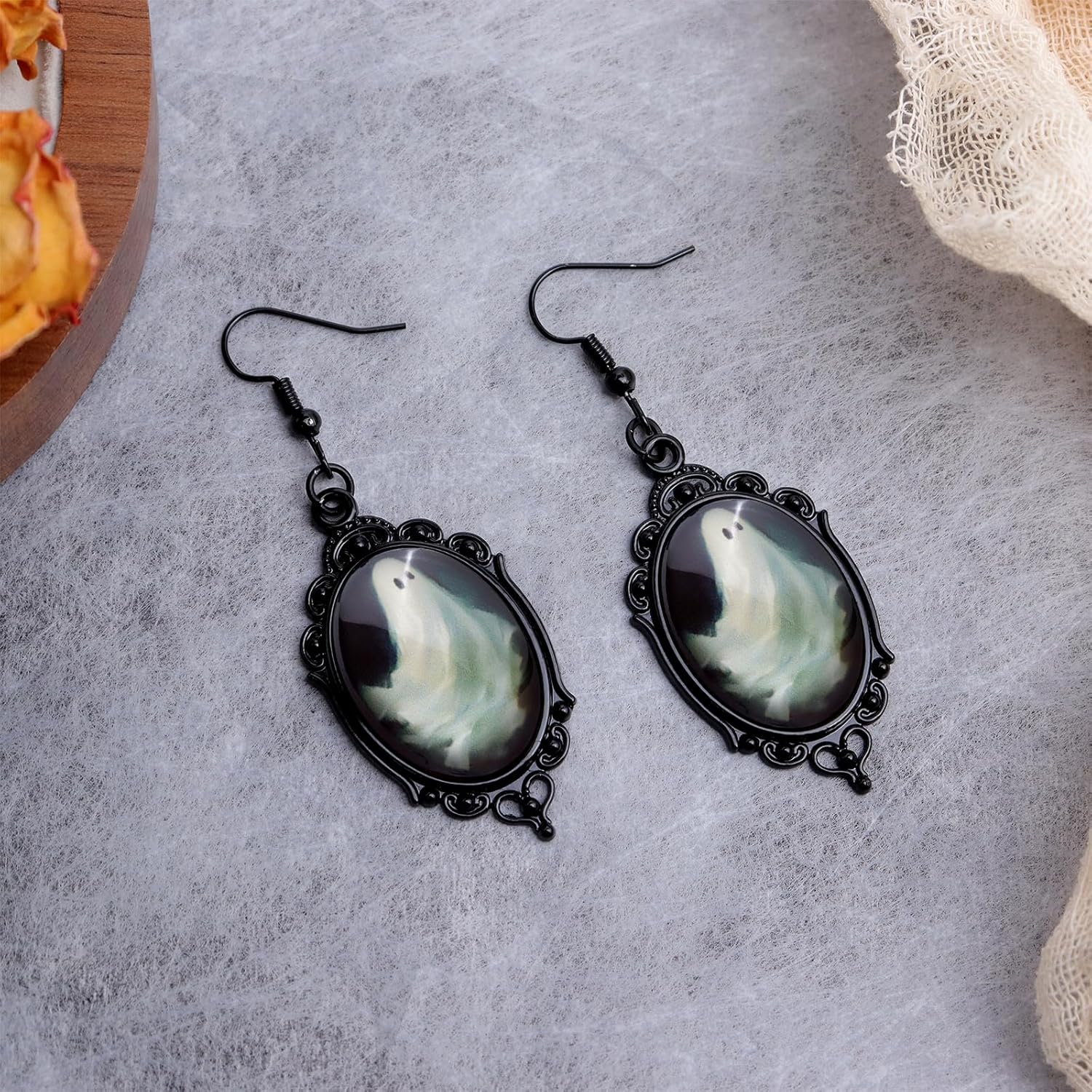 Halloween Gothic Black Frame Ghost Cat Bat Witch Pumpkin Church Cameo Dangle Earrings for Women, Punk Goth Pendant Hook Earings Vintage Accessories Jewelry Gift - Image 4