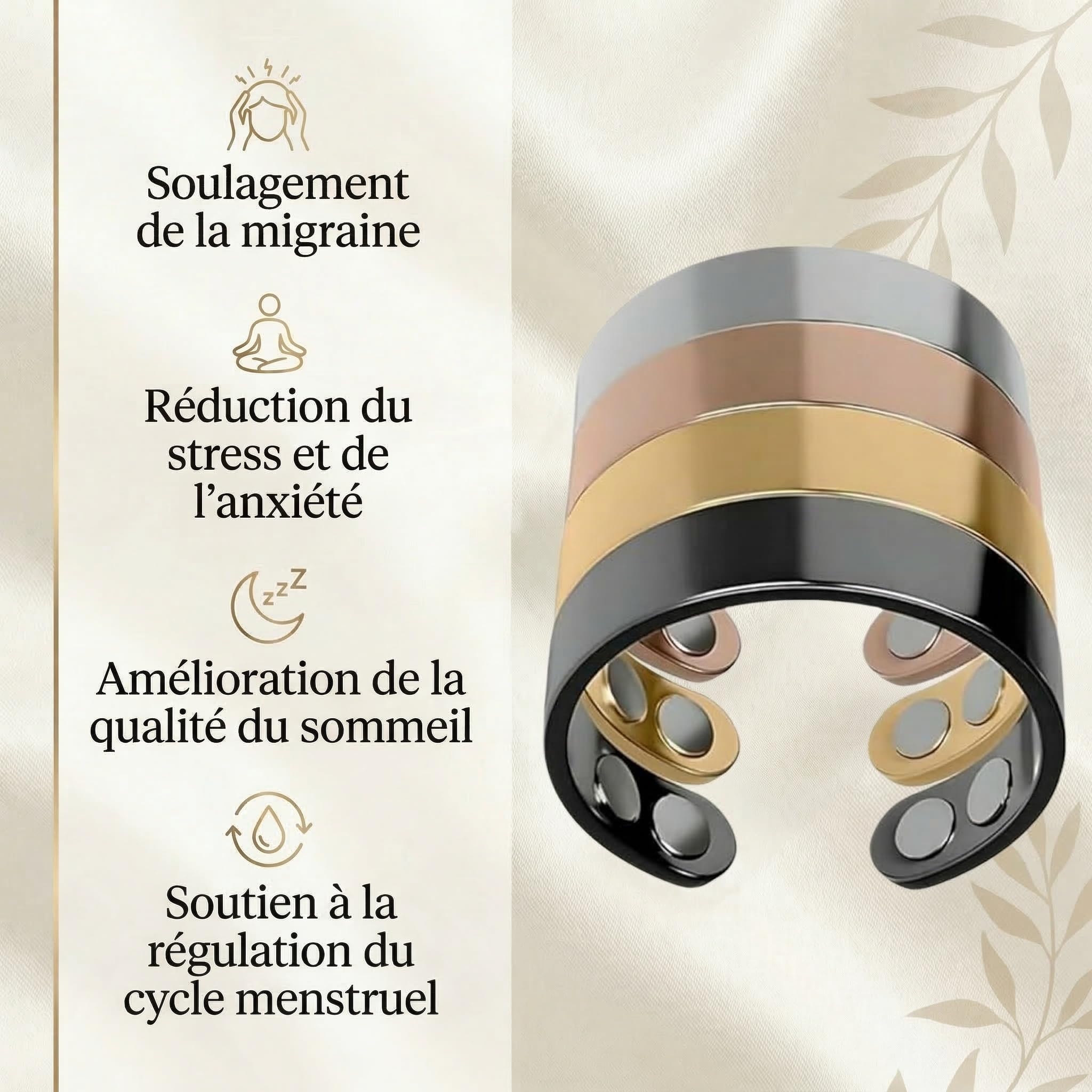 Vitalring Bague Anti Stress Magnétique Femme - Anneau d'Acupression avec 4 Aimants Néodyme pour Ménopause, Sommeil et Équilibre Hormonal au Quotidien (Black)