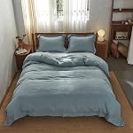 Simple&Opulence 100% Linen Duvet Cover Set 3pcs Stone Washed Embroidery Border Solid Color French Flax Soft Breathable Bedding with Button Closure (King, Dusty Blue)