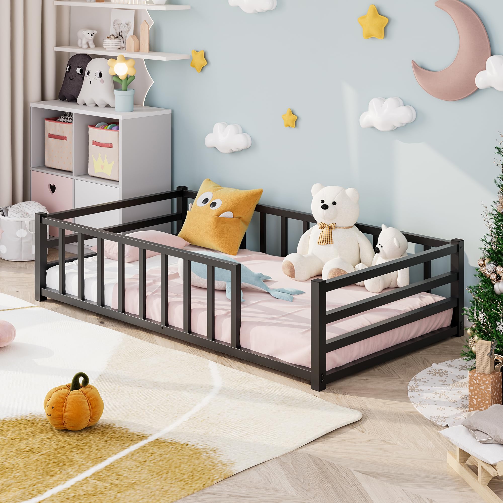 VECOCHO Floor Bed 197×90cm,Montessori Single Bed Frame with Rails,Black
