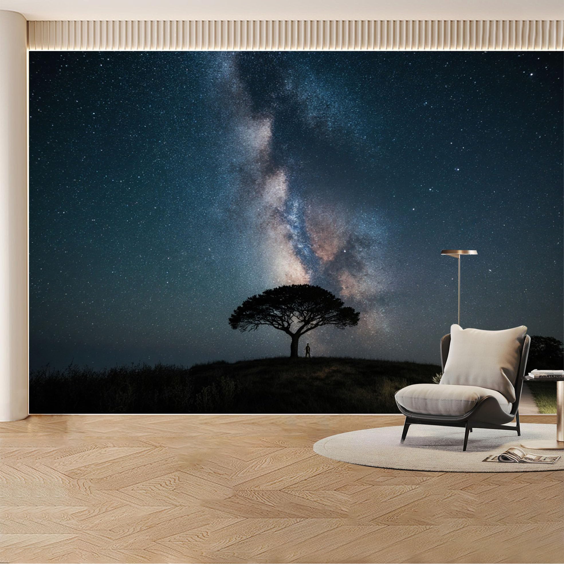 Custom Wall Mural Wallpaper Starry Night Galaxy Tree， Nature Landscape Wall Decor Large Wall Art， Night Sky Celestial for Living Room， Bedroom， Office