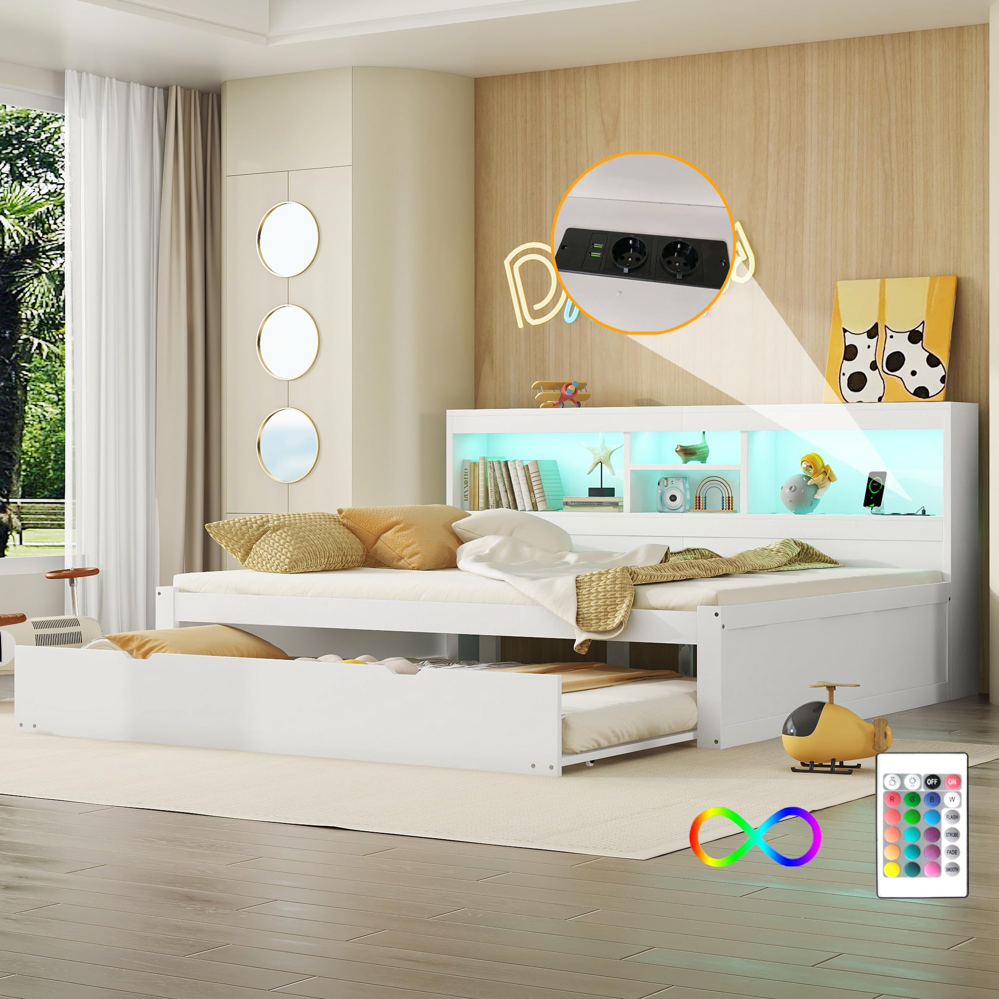 Gegtuon Doppelbett Holzbett 140x200 mit LED-Licht & USB-Buchse für Kinder, Jugendbett Funktionsbett mit Ausziehbares Bett und Stauraum Regal, Bettgestell mit Lattenrost aus Holz, ohne Matratze, Weiß