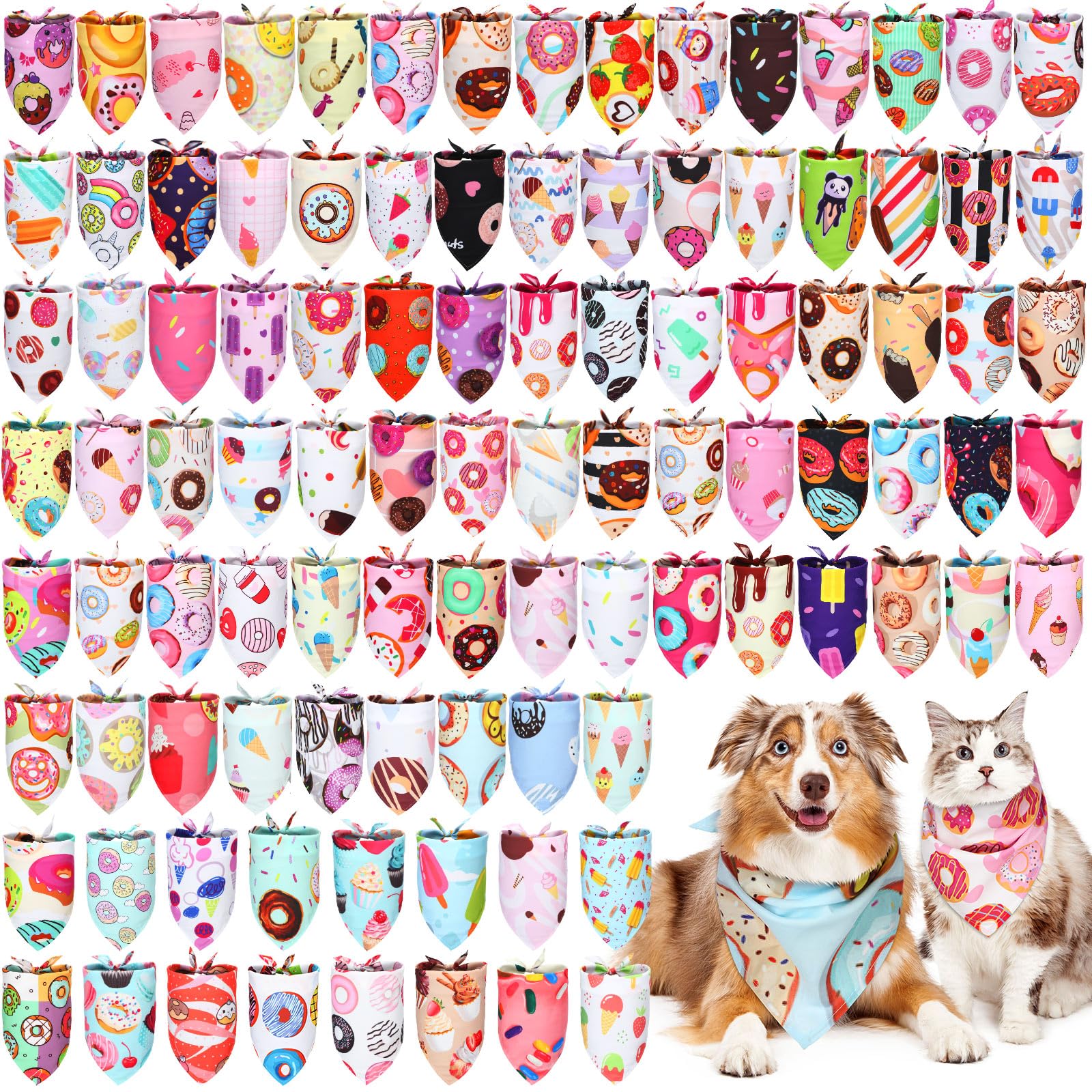 Huhumy Lot de 100 bandanas en forme de beignet pour chien en vrac - Écharpe triangulaire colorée XL - Bandanas en forme de donut pour chiens de taille moyenne et grande - Printemps été Candyland
