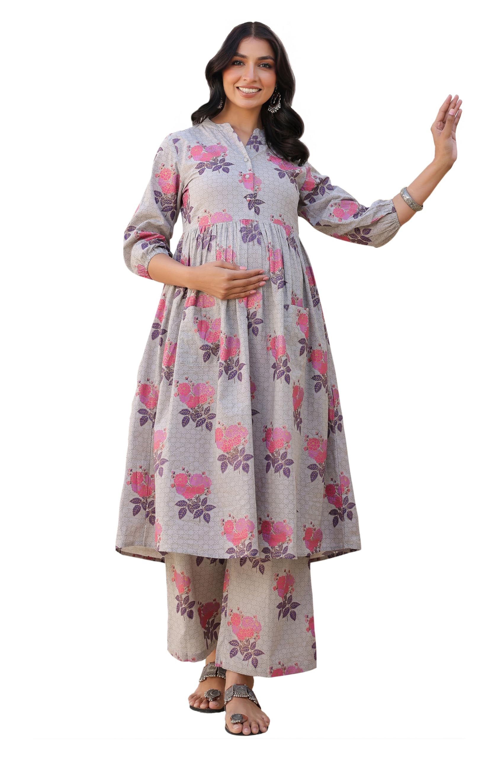 janasya Women's Pure Cotton Floral Printed A-line Maternity Kurta Pant Set-picture-26