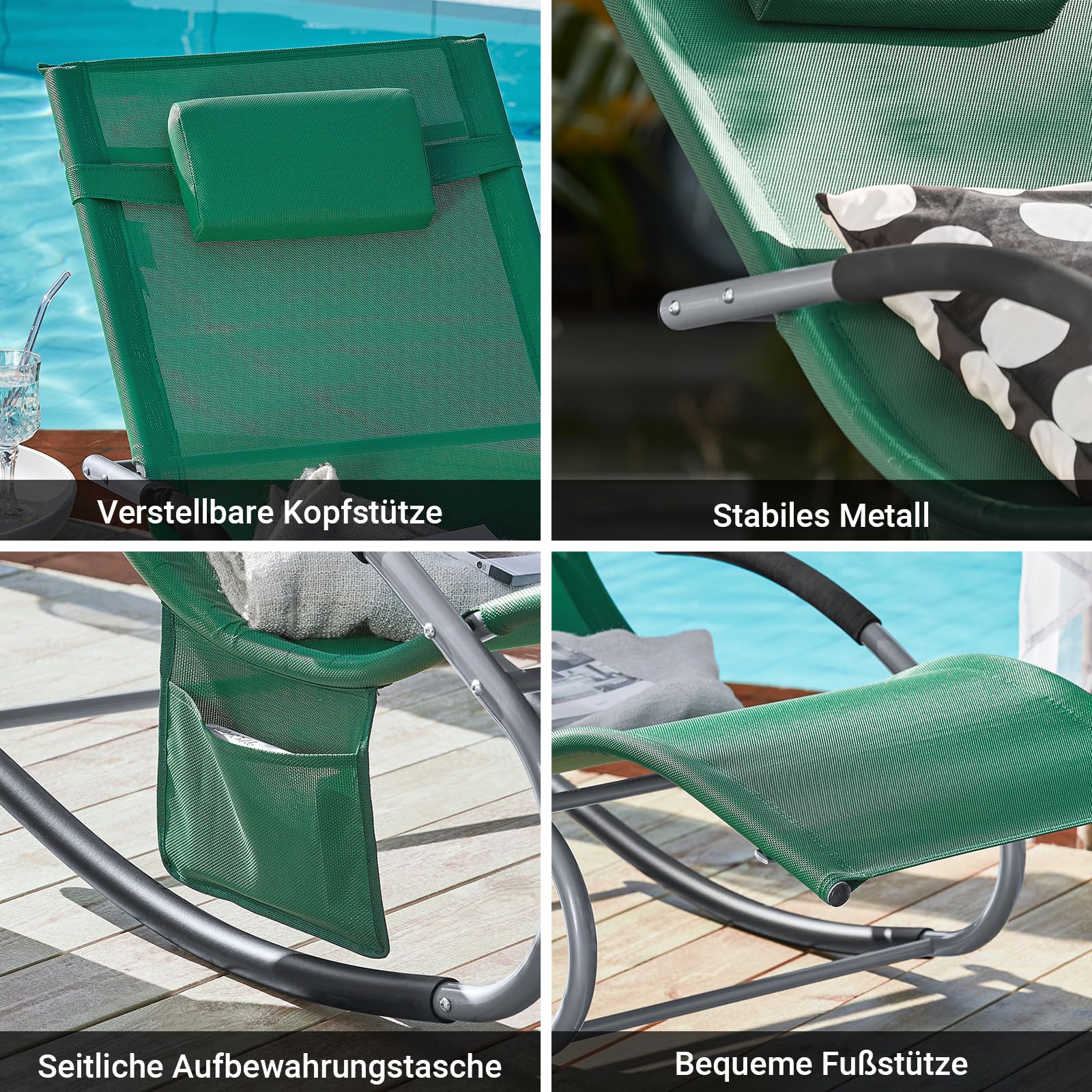 SoBuy Lot de 2 Chaises Longues Transat Pliable Jardin Fer – Bain de Soleil Ergonomique à Bascule Relax–Fauteuil Extérieur Confortable Plage pour Terrasse Balcon Camping, Vert Foncé, OGS28-WDx2