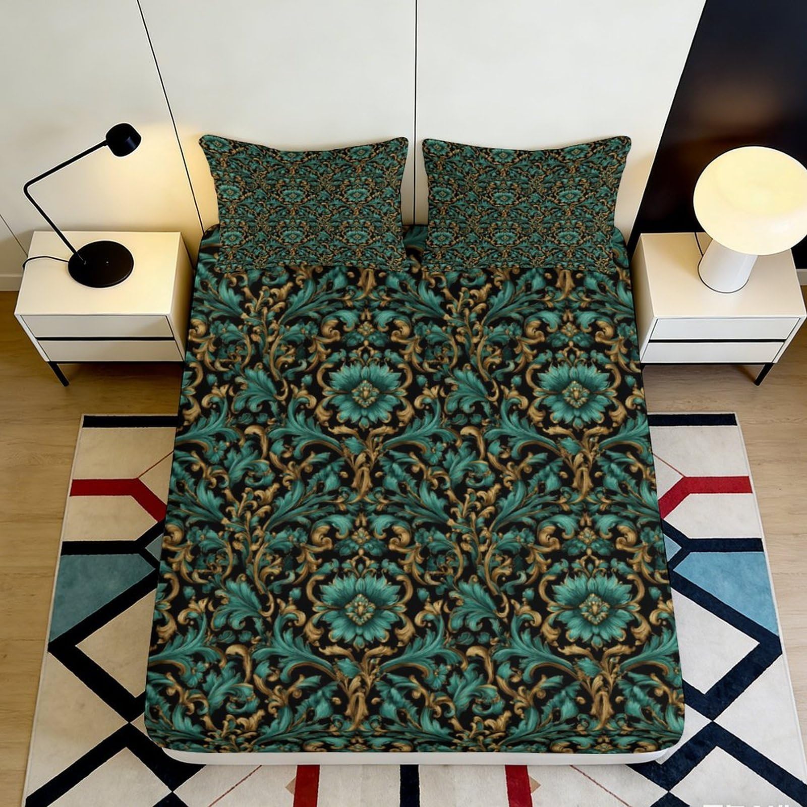Jqzkxnhpbr Style-1 3D Printed Baroque Floral Fitted Sheet Microfiber Soft Breathable Vintage Ornate Mattress Cover For Bedroom Home Decor 90X200x25cm