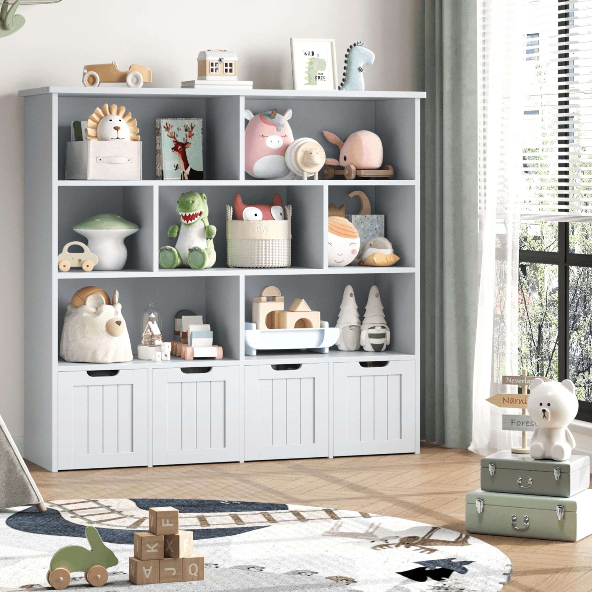 FINETONES Toy Storage Organizer, Large Toy Organizers and Storage with 4 Movable Drawers and 7 Storage Cubbies, Toy Chest Shelf Organizer with Hidden Wheels, Kids Bookshelf and Toy Storage, Grey