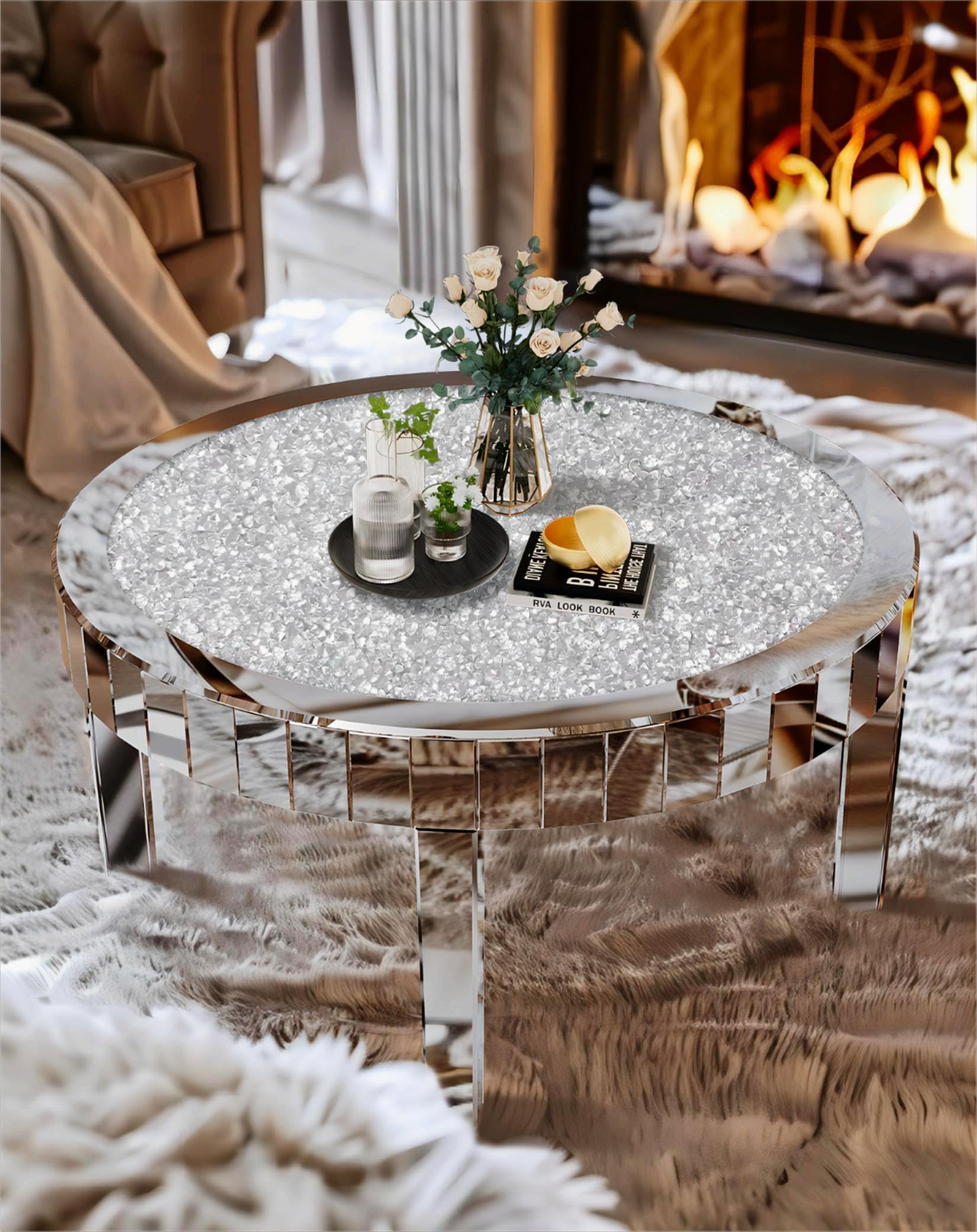 Round Coffee Table Mirrored Glass : 80 x 46.5cm Large Luxury Silver Mirror Coffee Table Embedded Glitter Crushed Crystal Diamonds with Beveled Glass Mirror Leg Center Tables Living Room