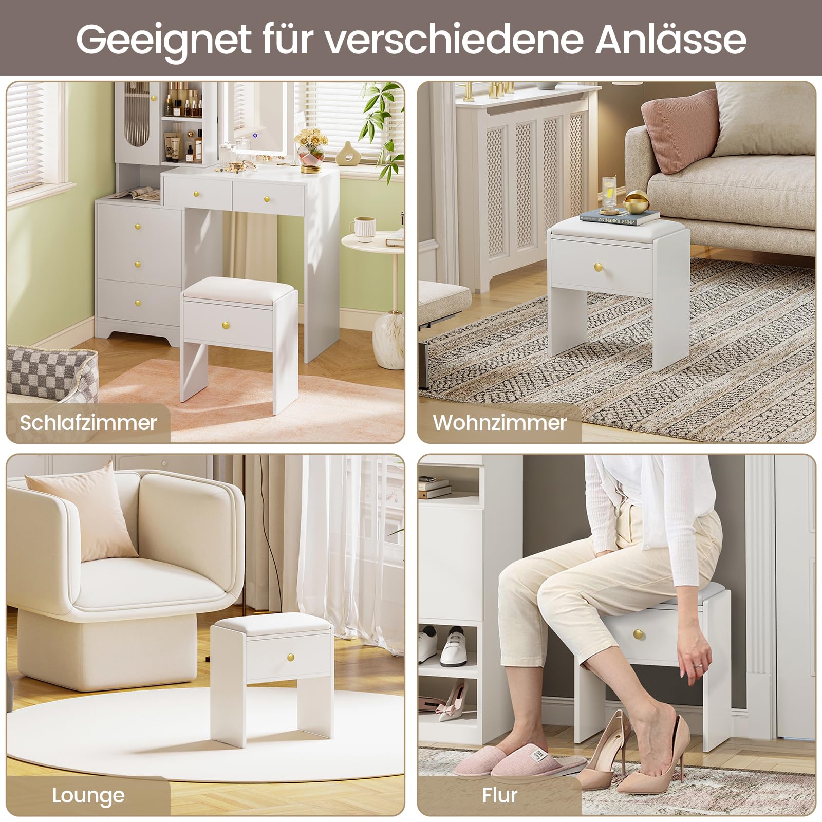 Tabouret de Coiffeuse, Chaise Rembourrée de Maquillage avec Tiroir, Tabouret de Maquillage en Bois avec Patins Antidérapants, pour Dressing, Chambre à Coucher, Couloir et Salon, Blanc