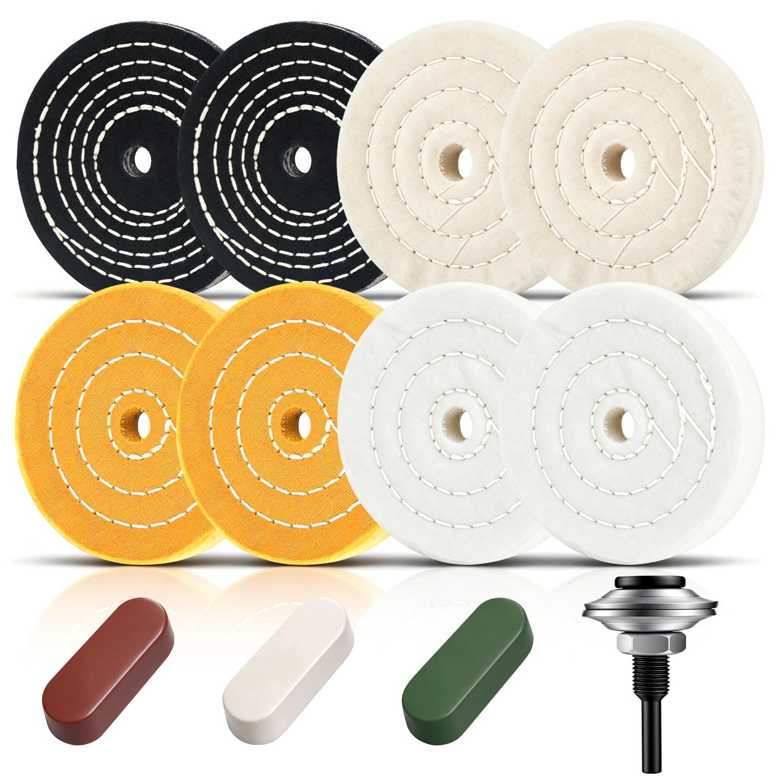 Kit da 8 Pezzi di Ruote Lucidanti da 100 mm – 4 Dischi Abrasivi con 3 Paste Lucidanti e Adattatore, Foro da 1/2" (12,7 mm), per Levigatrice a Banco, Trapano e Avvitatore (12)