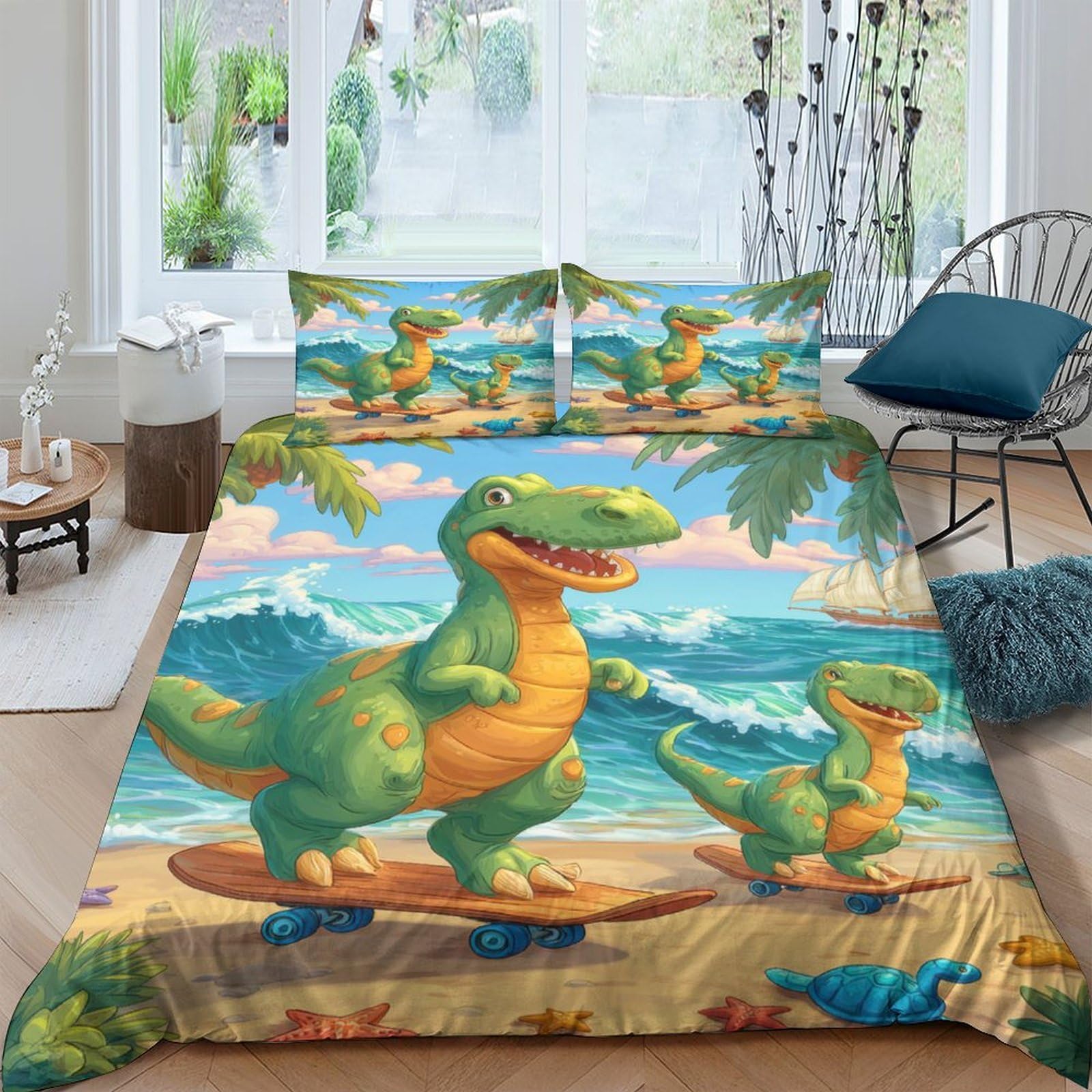Ctjqhvkz Style-3 3D Printed Cartoon Dinosaur Fitted Sheet Microfiber Soft Beach Scene Mattress Cover For Bedroom Guest Room Decor Single（135X200cm）