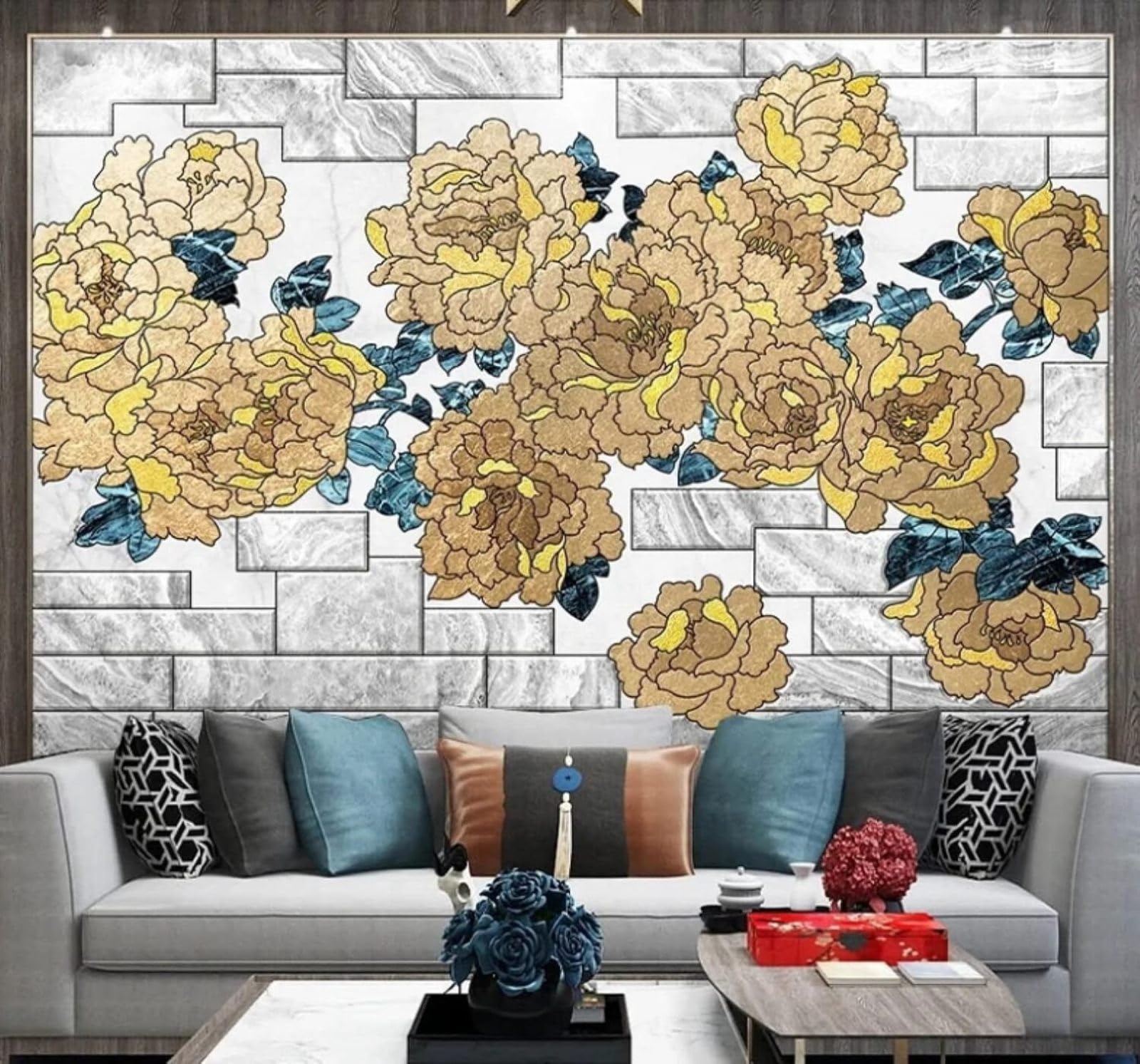 XLMING Vintage Brick Wall Hand Drawn Beautiful Peony 3D Wallpaper Luxury Silk Study Dining Feature Sofa Grey Bedroom Living Room Tv Decorative Wall-400cm×280cm