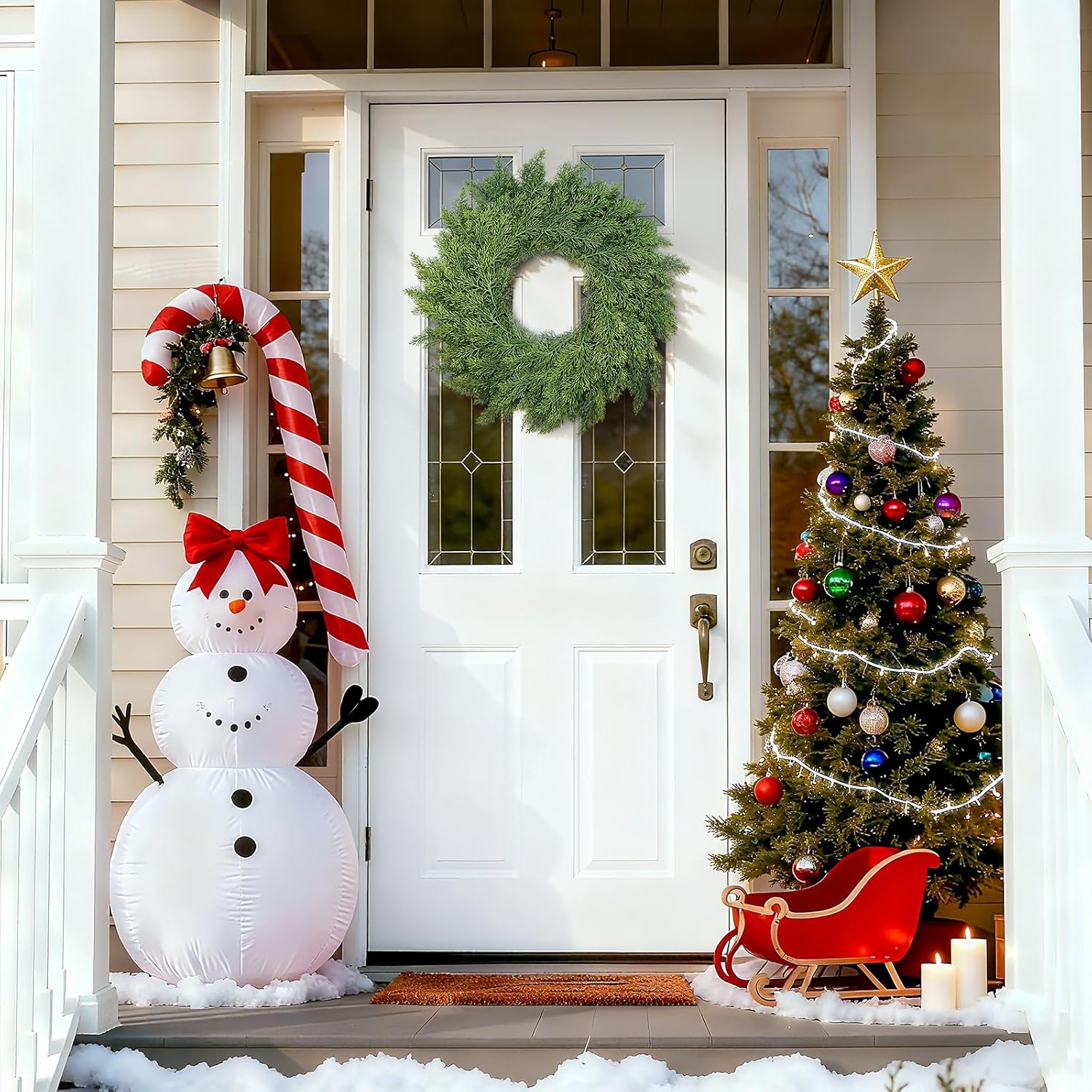 Real Touch Cedar Wreath - 22 Inch Outdoor Traditional Artificial Greenery Wreath for Front Door Windows Indoor Weatherproof Holiday Decor - Image 8