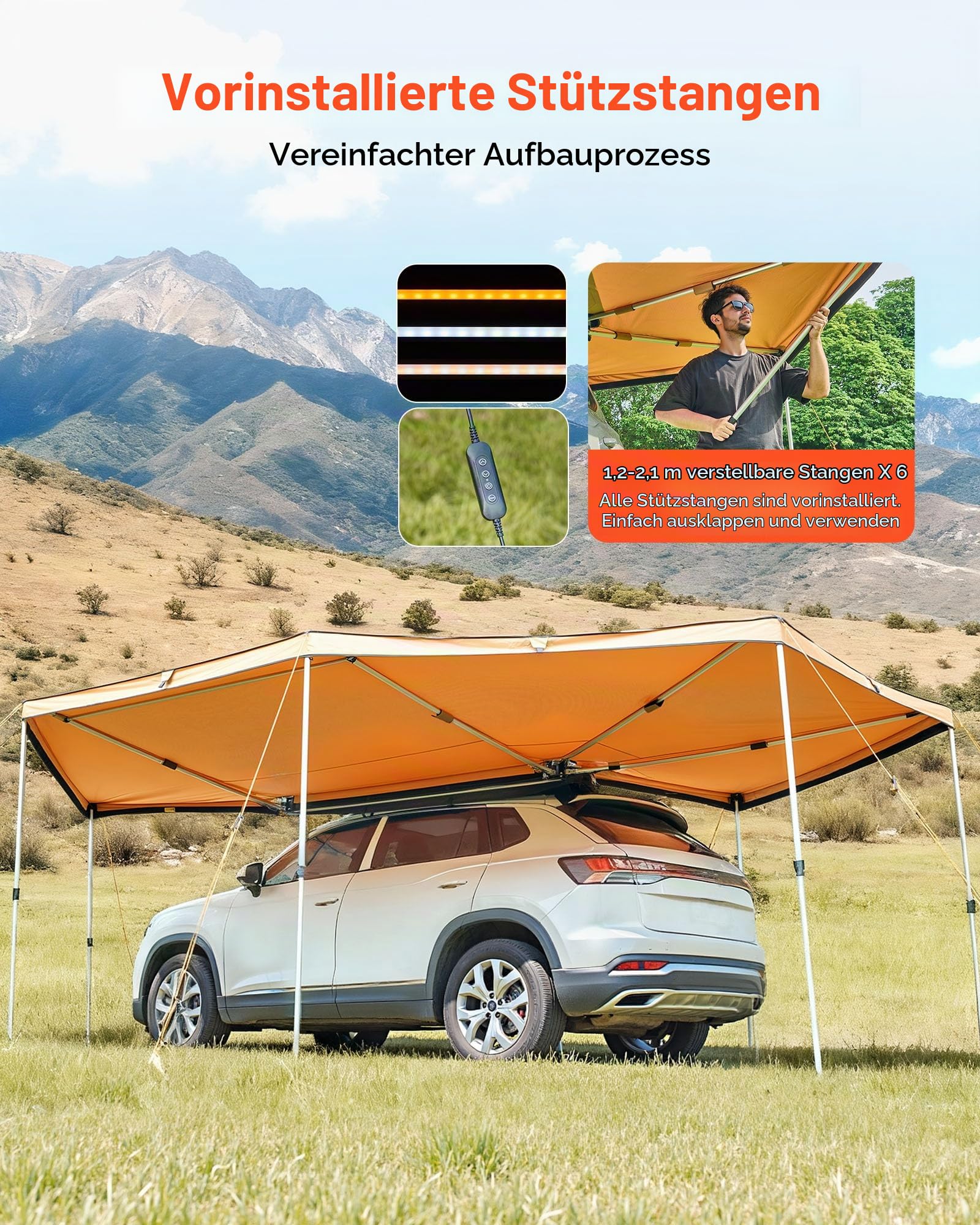 VEVOR Markise Auto, 5,7x3,87x2,1 m, 270°-Markise mit integrierten LED-Leuchten, Sonnensegel, UV50+, freistehende Allwetter-Automarkise, Sonnenunterkunft für SUV & LKW, ideal für Camping
