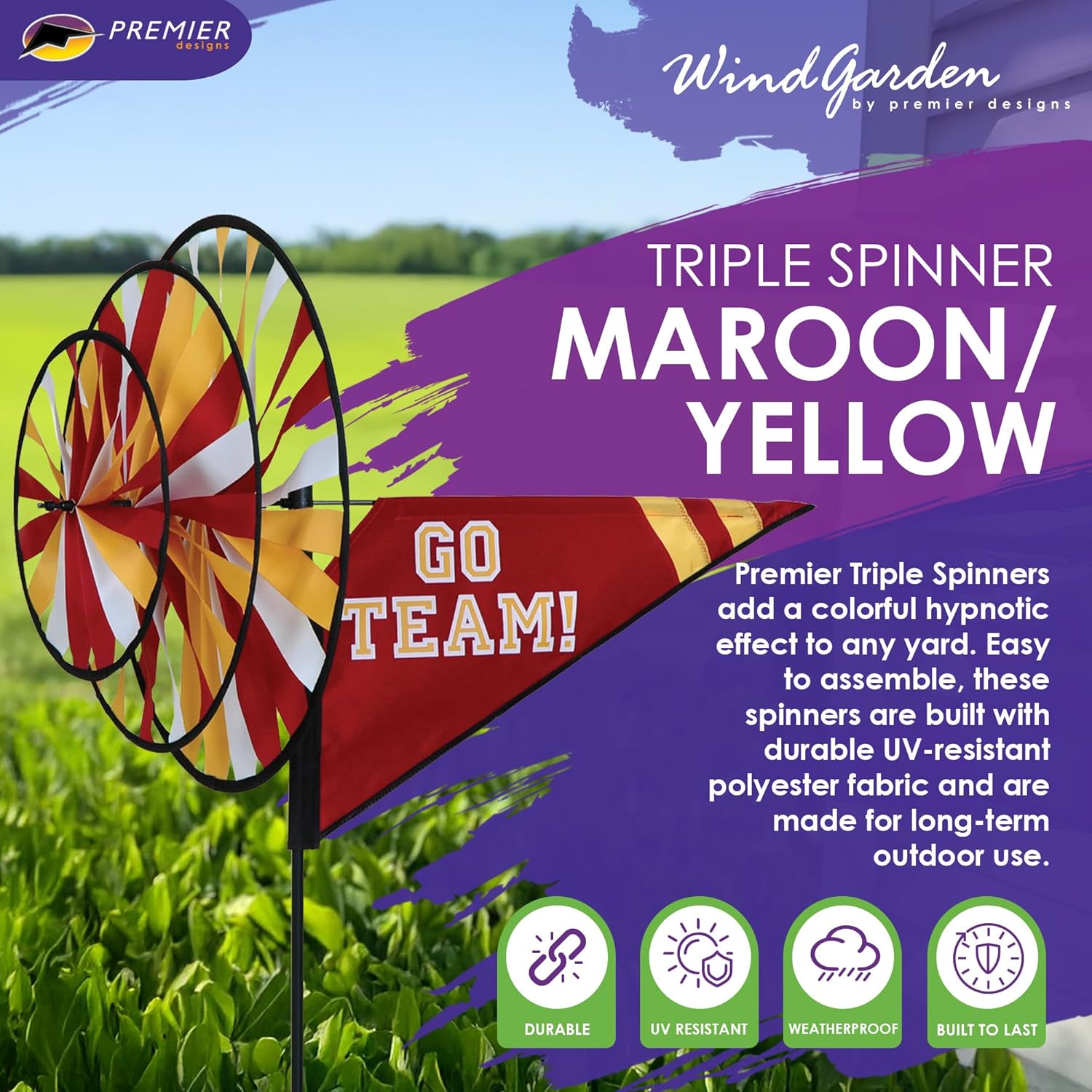 Premier Kites Triple Spinner Maroon/Yellow – Eye-Catching Garden Spinner with Colorful Triple Wheels, Durable Weather-Resistant Fabric, Easy Assembly, Outdoor Décor for Patios, Lawns, & Game Day Fun