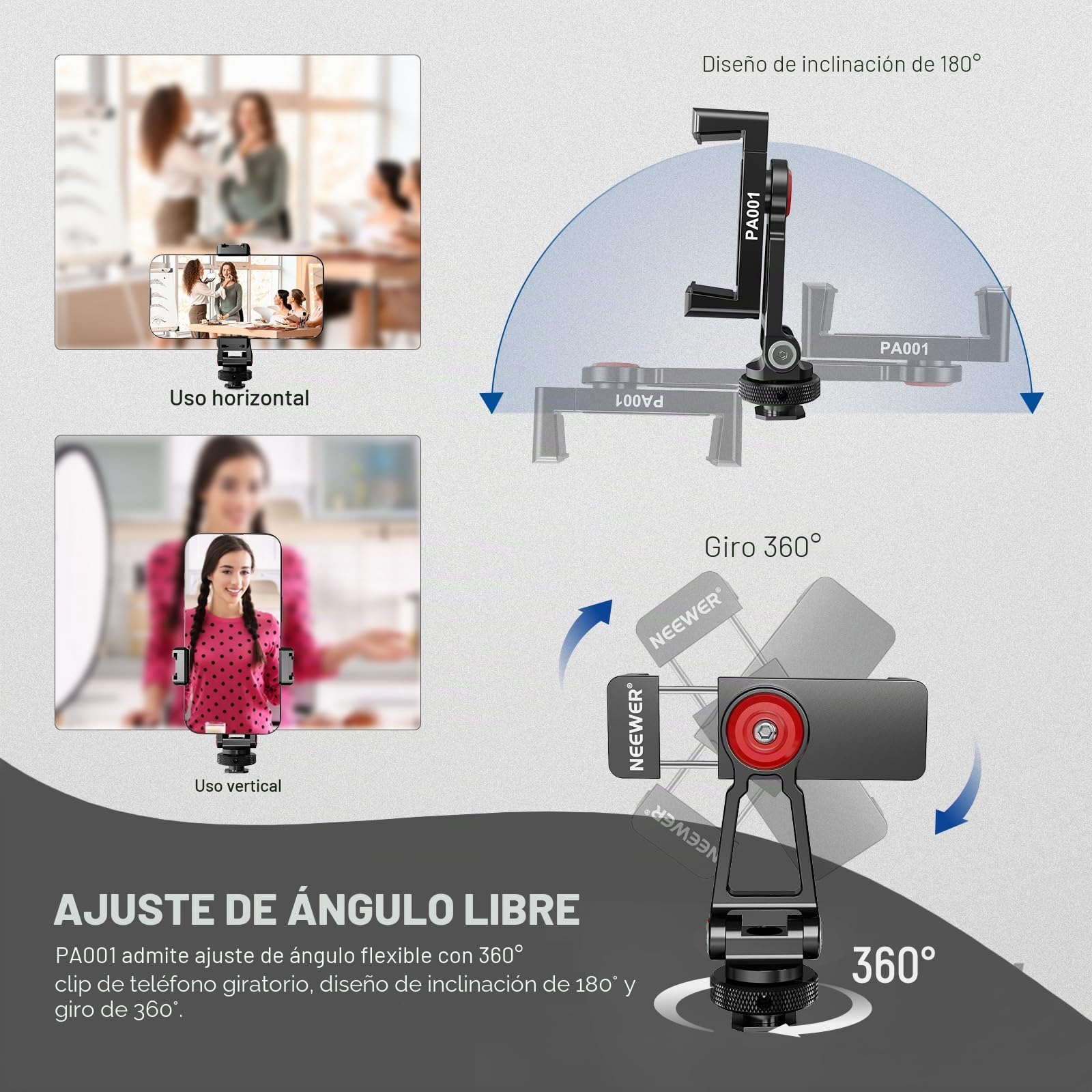 NEEWER Adaptador de Montaje de trípode de Metal para teléfono con Base de Zapata fría, Soporte de teléfono de 360° con 2 Soportes de Zapata fría para luz de Video y micrófono para vlogging, Universal