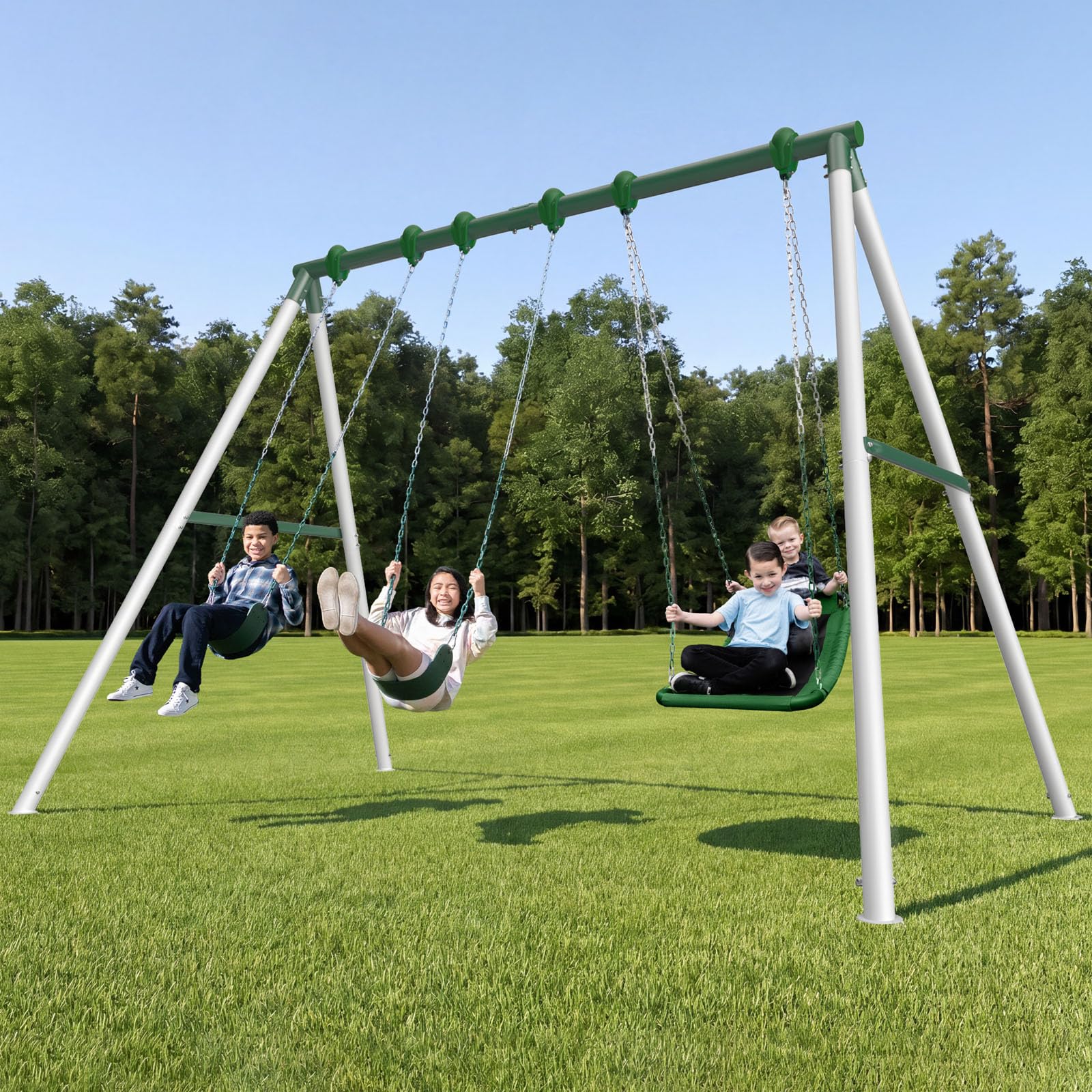 Photo 1 of Sportspower Rainer 9.5FT Metal Swing Set for Kids and Adults with 2 Sling Swings & 2-Person Fly Carpet Skyflyer Swing, Heavy Duty Outdoor Playset with A-Frame & Industrial Clamp System – Green/White