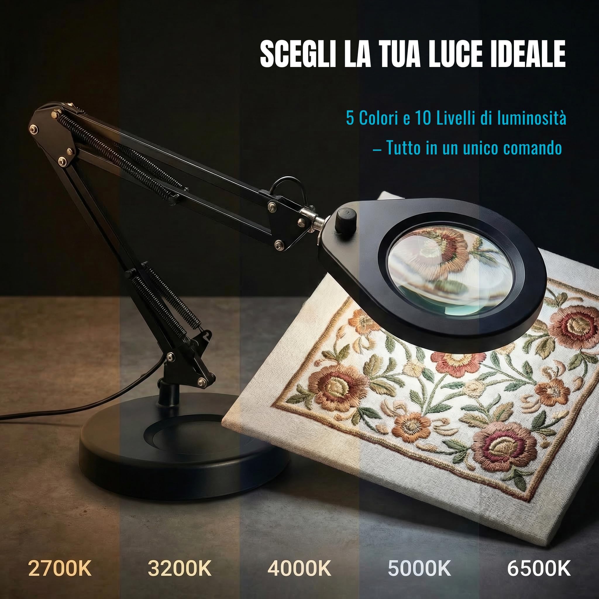 Lampada di Ingrandimento con Base e Morsetto, Lente Illuminata 105 mm 5x, Luce Regolabile (5 Colori, 10 Livelli, 790 LM), Braccio Orientabile Regolabile - Mani Libere per Lavori di Precisione