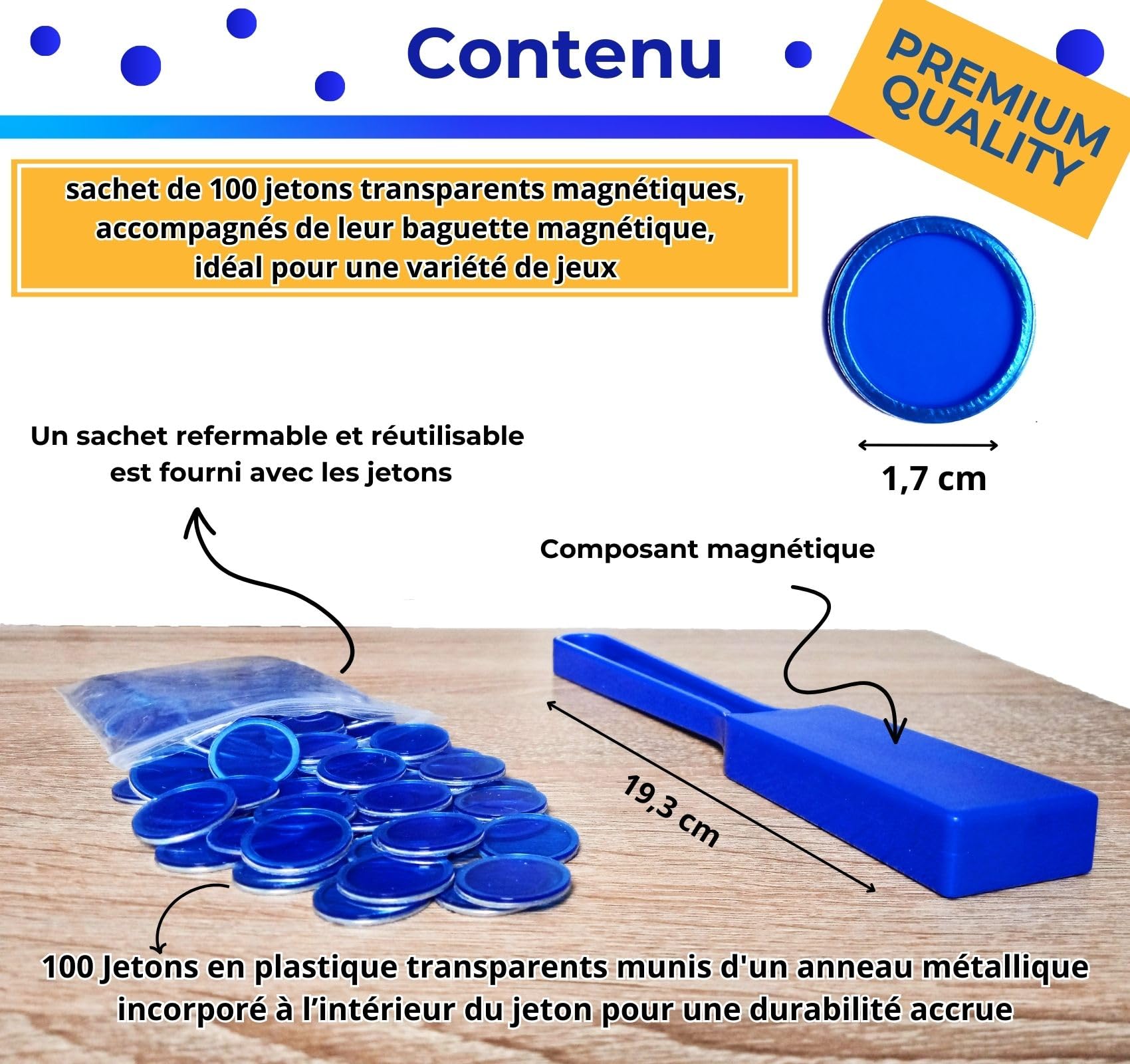 Bolibo JETON Loto magnétique - 100 Pions 17 mm - Couleur au Choix Bleu