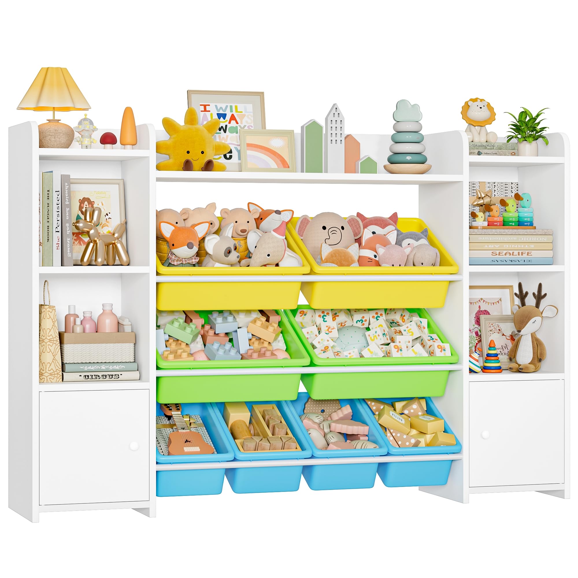 FOREHILL Toy Storage Unit Children's Bookcase Kids Storage Unit Toy Organiser with 8 Removable Boxes and Storage Shelves for Playroom Bedroom Living Room Yellow+Green+Blue