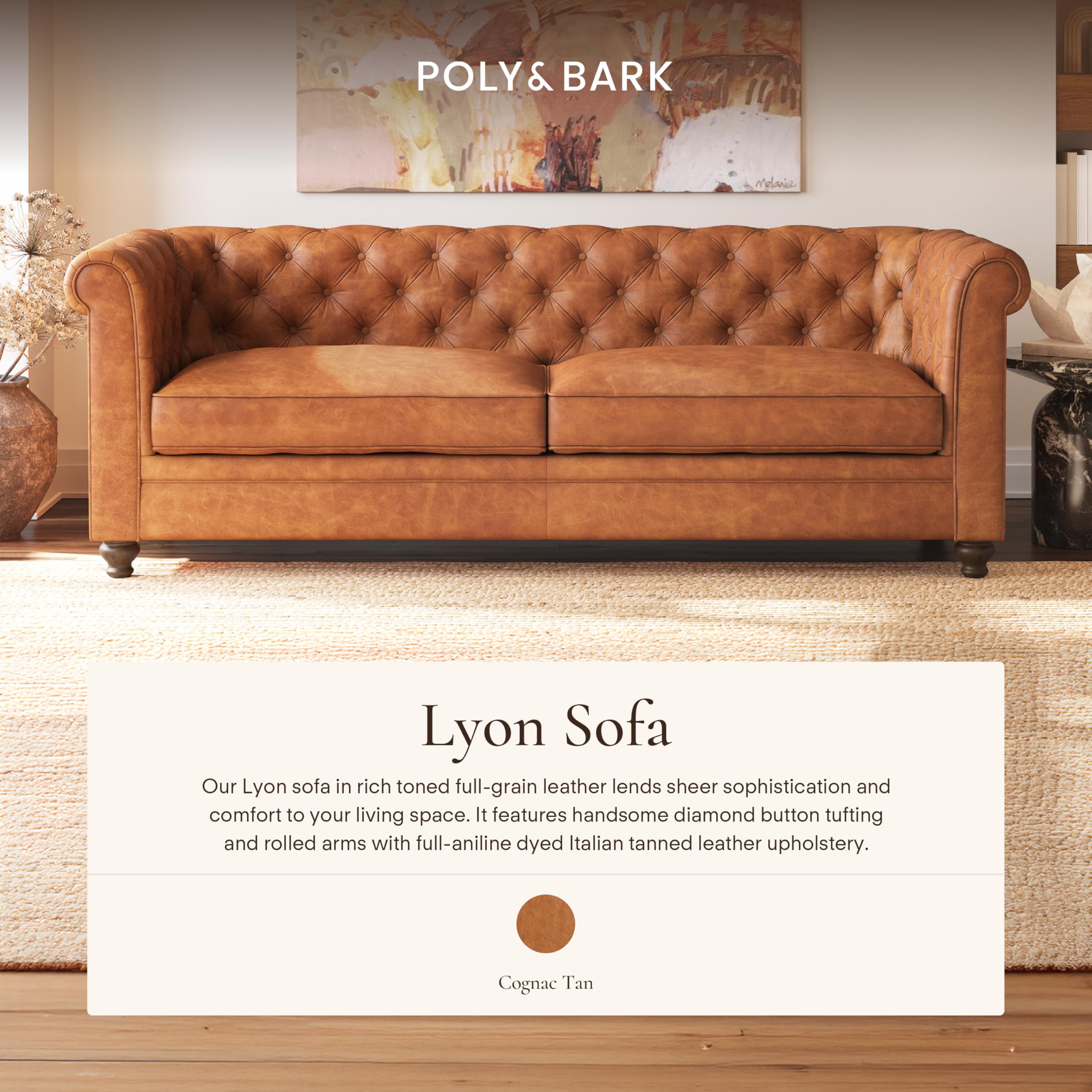 Best Leather Chesterfield Sofa Picks for 2026 2 POLY & BARK Lyon 87.4” Leather Sofa in Cognac Tan – Full-Grain Pure-Aniline Ital — product photo