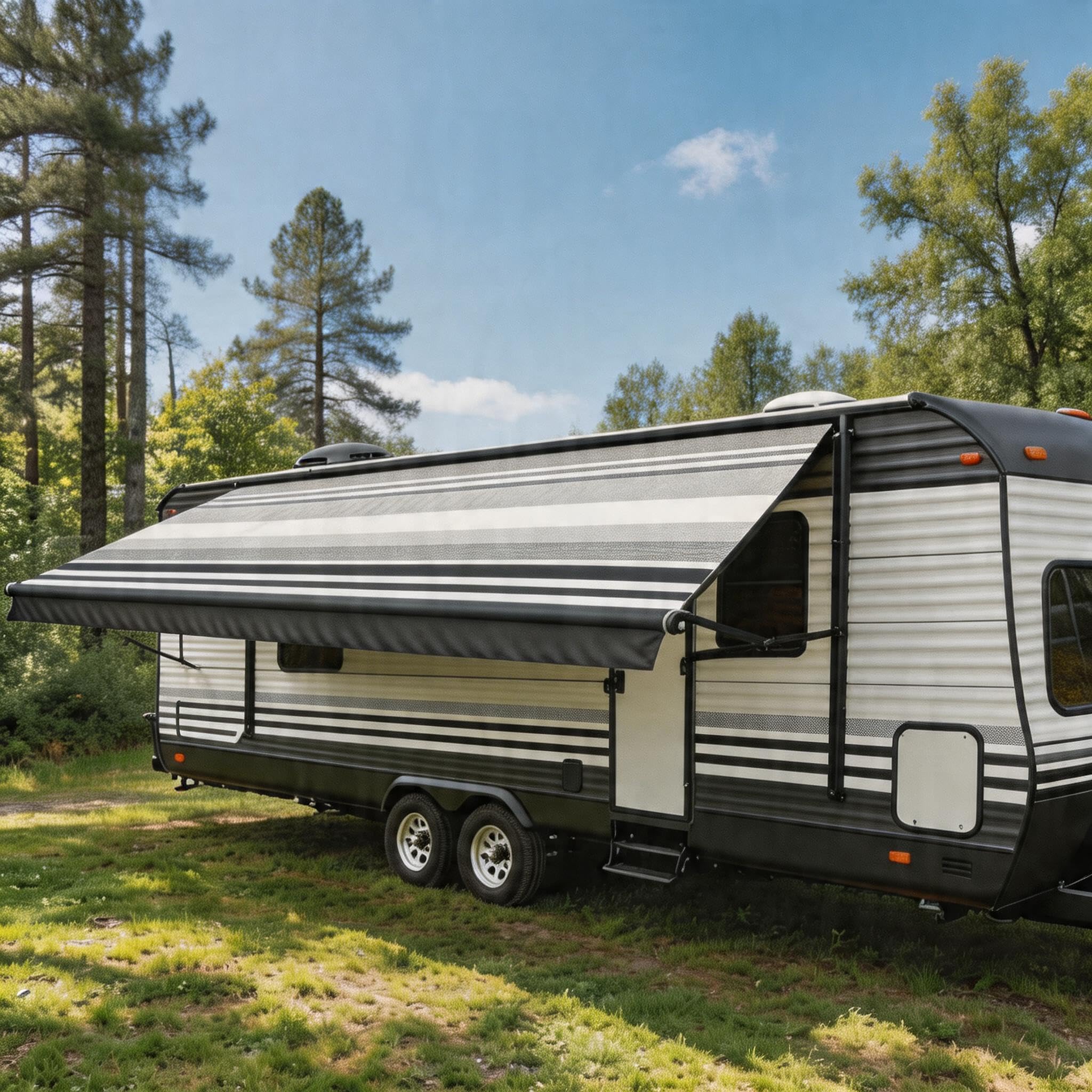 Motorized RV Awning Full Set, Waterproof Electric Modular Camper RV Awning Applicable 5th Wheel, Travel Trailers,etc for Home or Camper (Black Frame-Black Strip, 10' (9'2" Fabric))