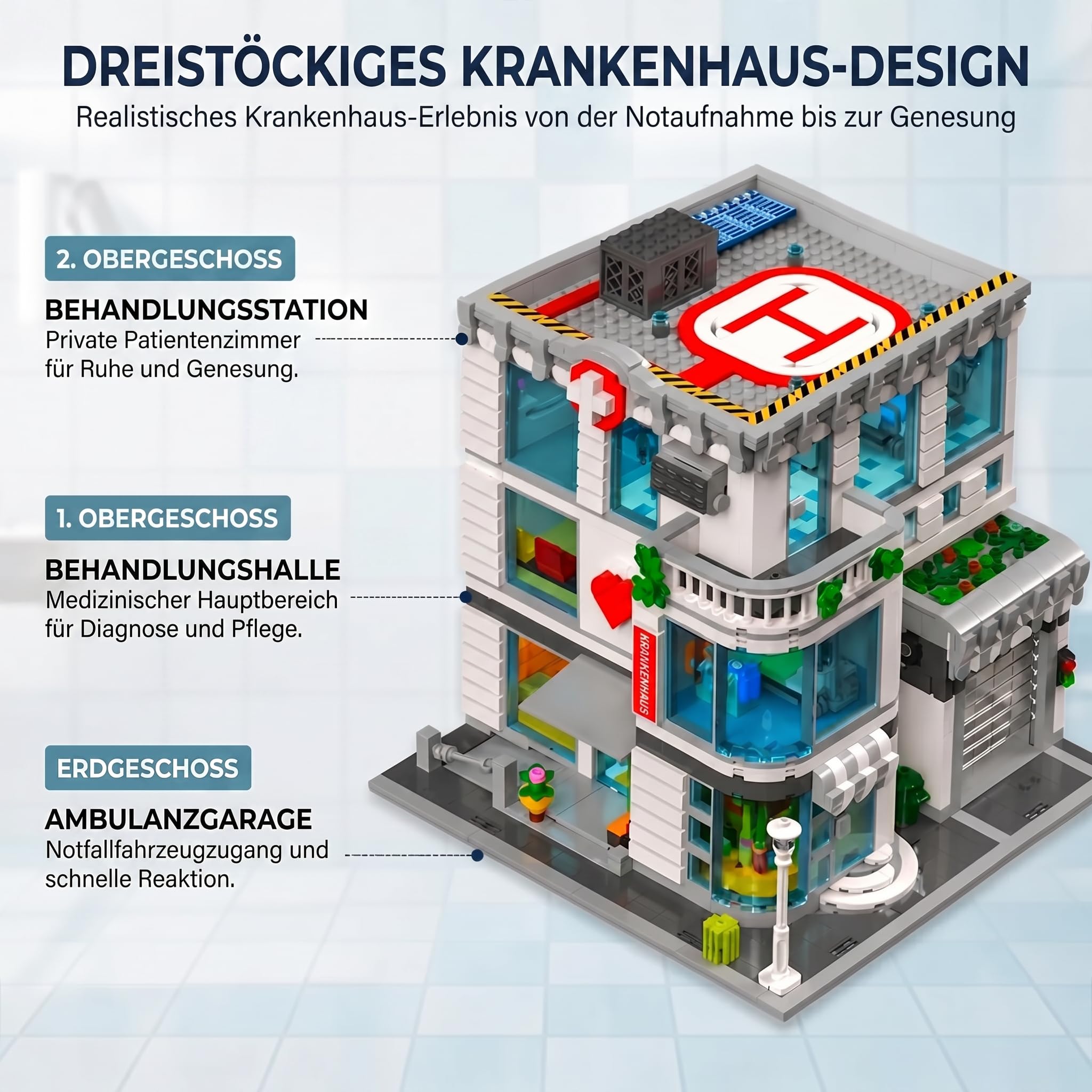 Klemmbausteine Krankenhaus mit Helicopter & Krankenwagen - 4953 Teile Hospital City Haus Architecture, Stadt Gebäude Modular Buildings Set für Erwachsene - Sammlerstück Geschenk