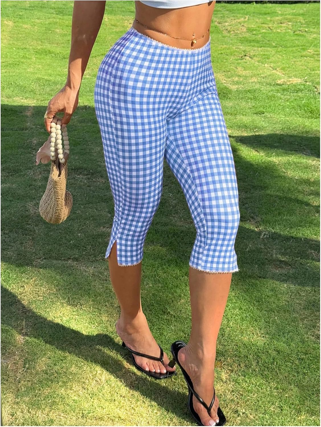 Milumia Women's Plaid Print Capri Leggings Low Waisted Split Hem Cropped Pants - Image 4