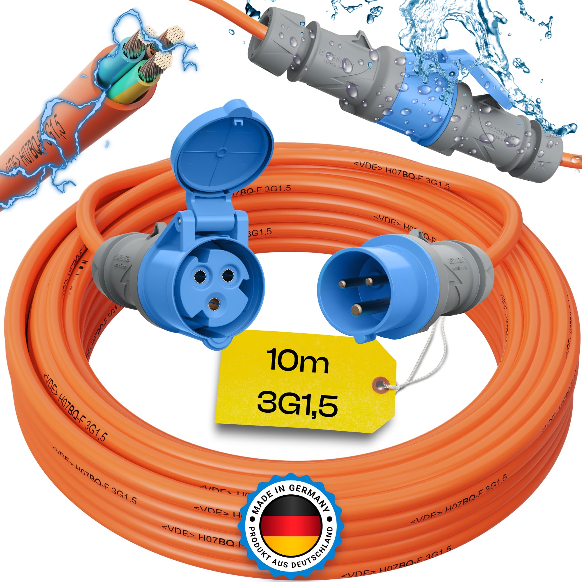 maxgo Camping Stromkabel 10m Wohnwagen Kabel Wohnmobil CEE Stecker Verlängerungskabel Orange 3x1,5 Campingkabel 10 Meter Strom Verlängerung H07BQ-F PUR Outdoor Mennekes