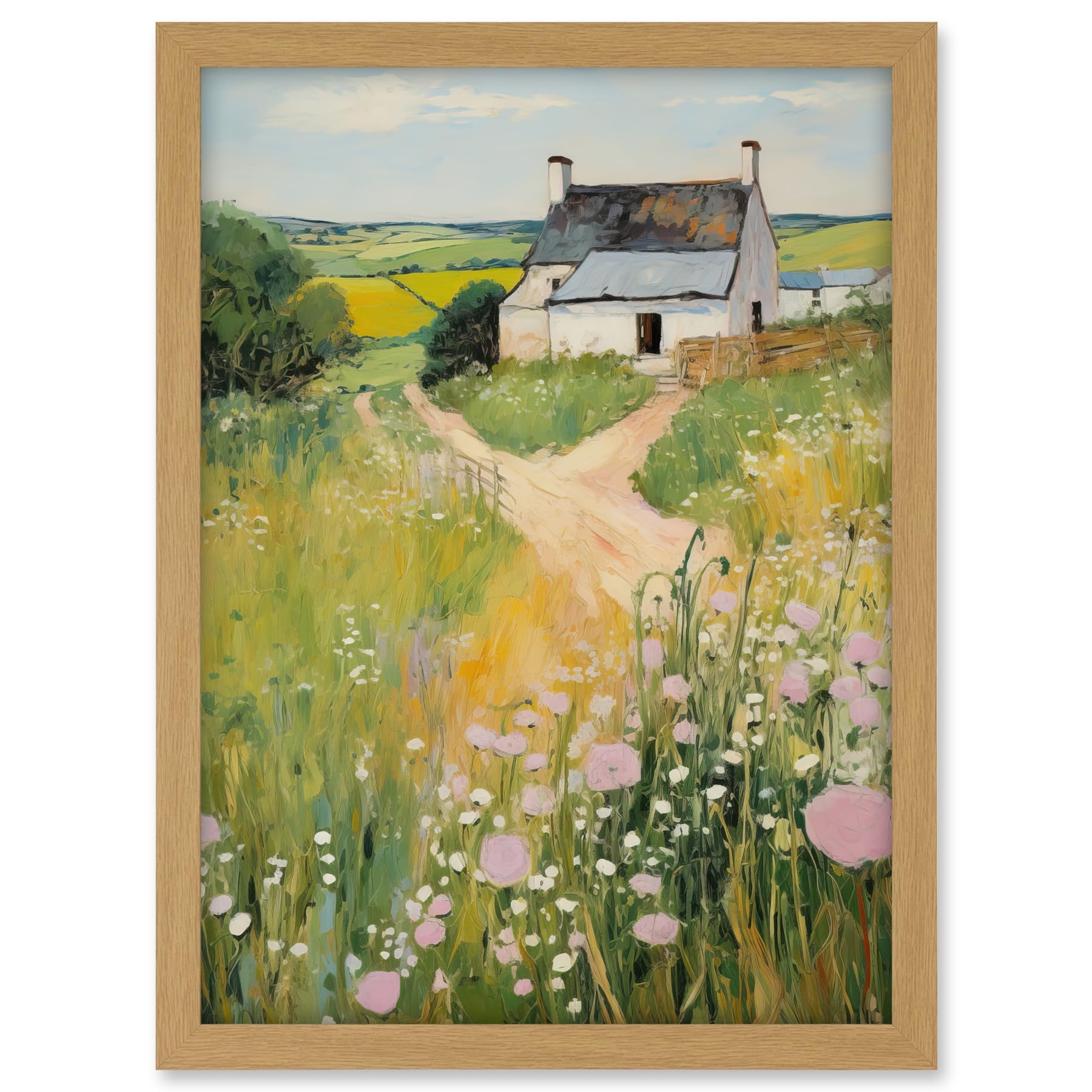 Artery8 Country Farmhouse Cottage Scene Traditional Landscape Oil Painting Meadows Countryside Summer Artwork Framed A3 Wall Art Print