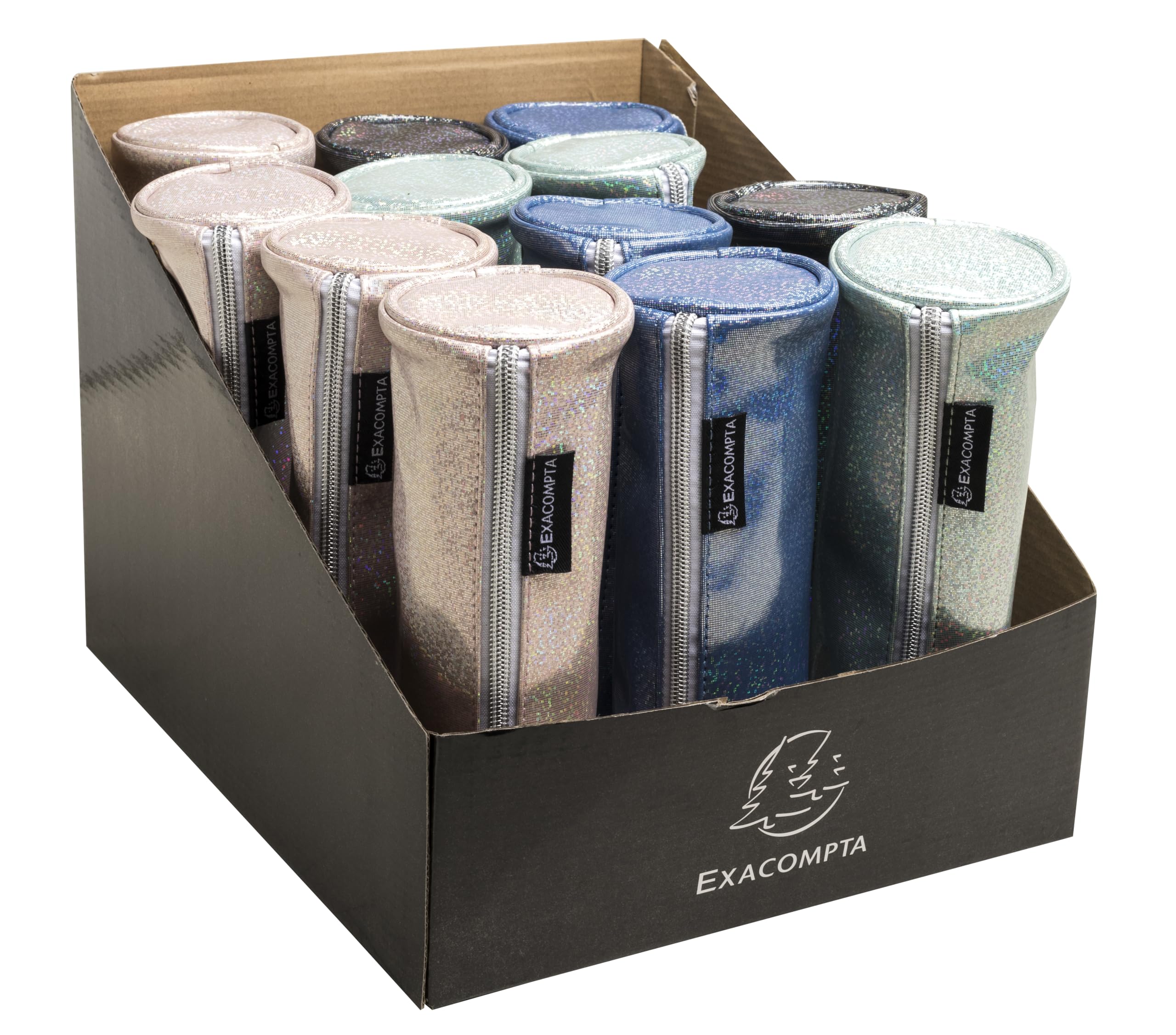 Exacompta - Réf. 52770E - Carton de 16 trousses rondes Glitter en PU simili cuir paillettes - doublée de polyester - dimensions 22,5 x 8 cm - couleurs bleu, gris, noir, nude