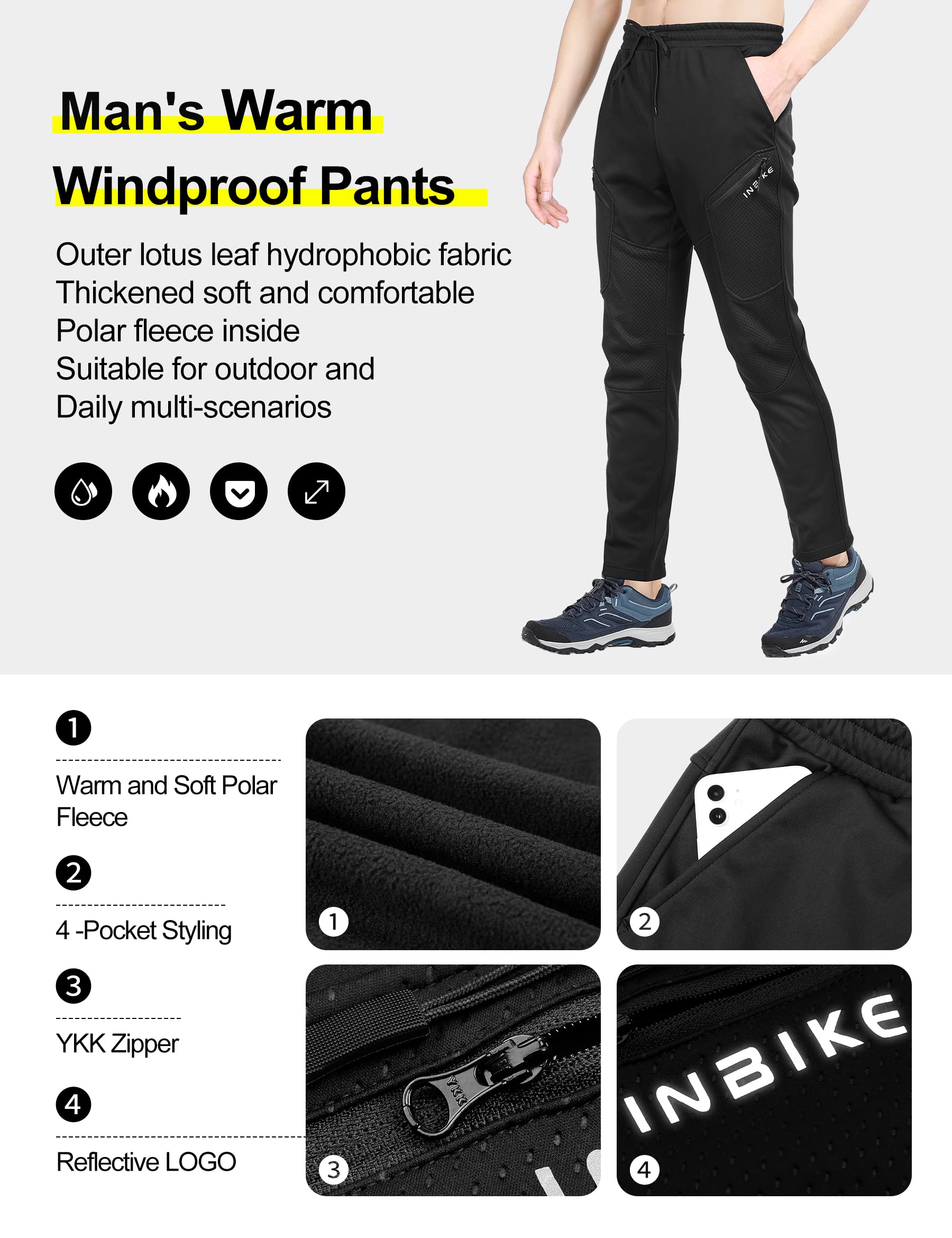 INBIKE Pantalon VTT Homme Hiver Chaud Impermeable Softshell Polaire Travail Coupe Vent Sport de Plein Air Ski Jogging Randonnée Cyclisme Velo