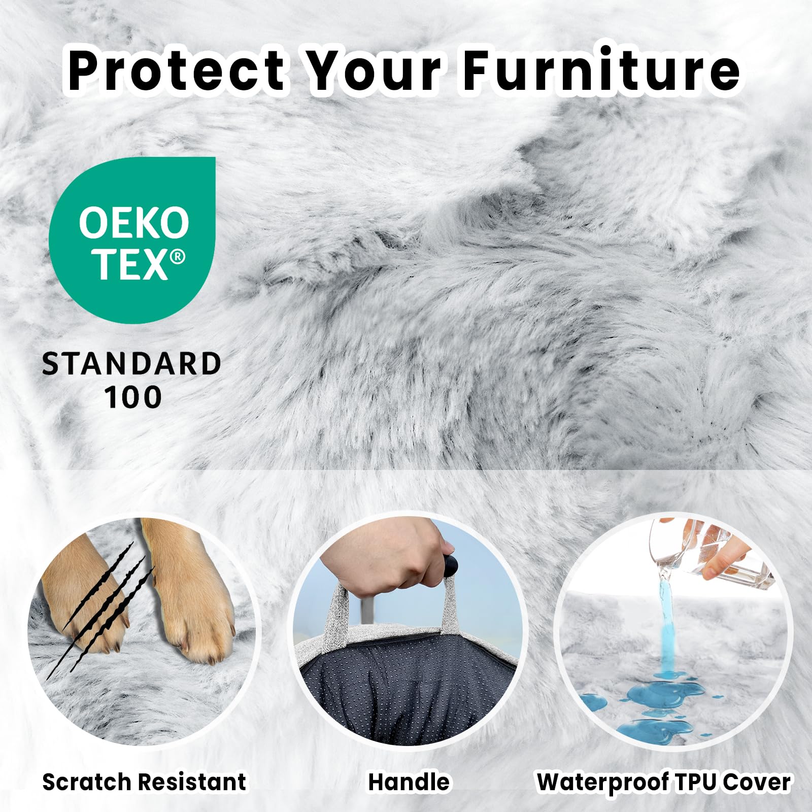 blunique Dog Sofa Bed, Faux Fur Cover, Pet Bolster Mat for Couch, Dogs Furniture Protector, Memory Foam Cushion, Tie Dye Grey L - Image 3