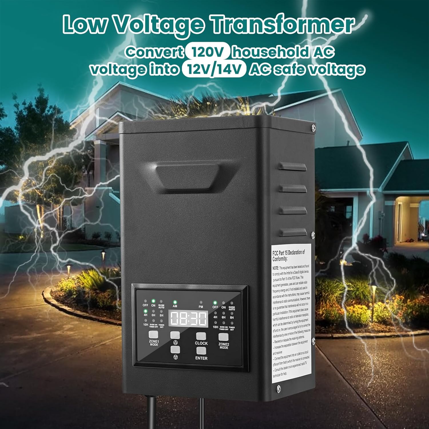 400W Low Voltage Landscape Transformer - iCreating 2 Control Zones Landscape Lighting Transformer with Timer and Photocell Sensor, 120V AC to 12V/15V AC Outdoor Weatherproof Low-Voltage Transformer