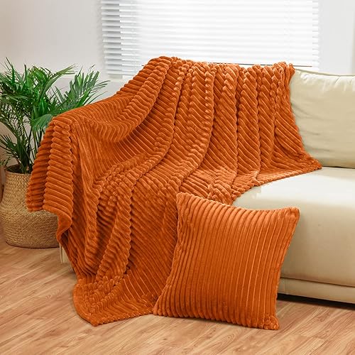 Miniatura 2 de BNuitland Manta de franela naranja quemada (50 x 71 pulgadas) con funda de almohada (18 x 18 pulgadas), manta de sofá de forro polar súper suave de