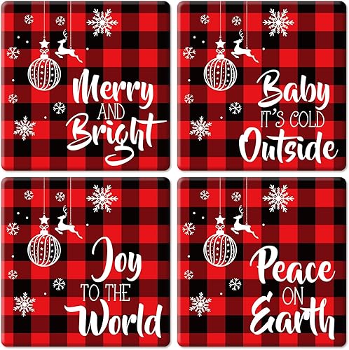 Whaline Juego de 4 posavasos de Navidad cuadrados a cuadros rojos y negros, tapete de cerámica para decoración de mesa de cocina del hogar, 4 x 0.3