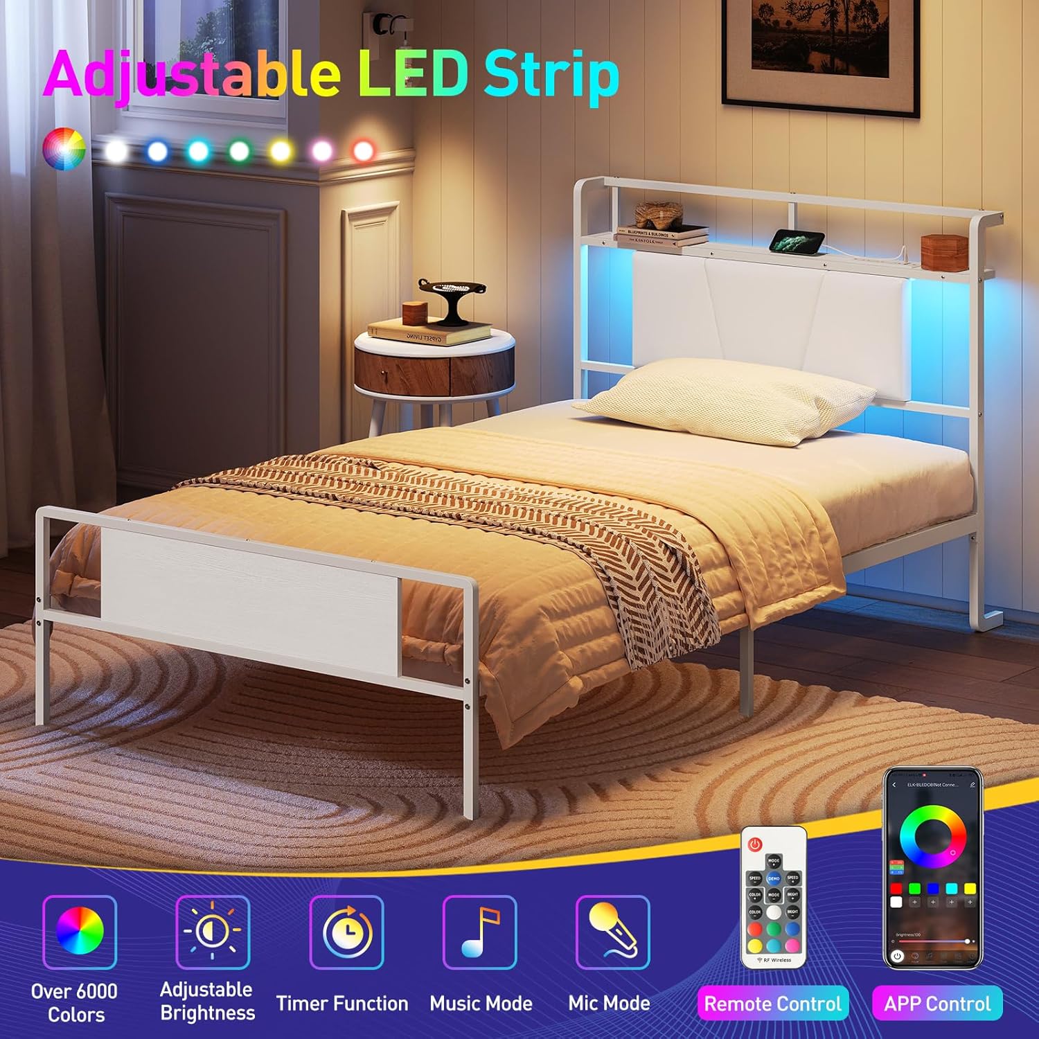 Twin Bed Frame with Charging Station, LED Bed with Under Bed Storage, Twin Size Metal Platform Bed Frames with Upholstered Headboard, No Box Spring Needed, Noise Free, Easy Assembly, White