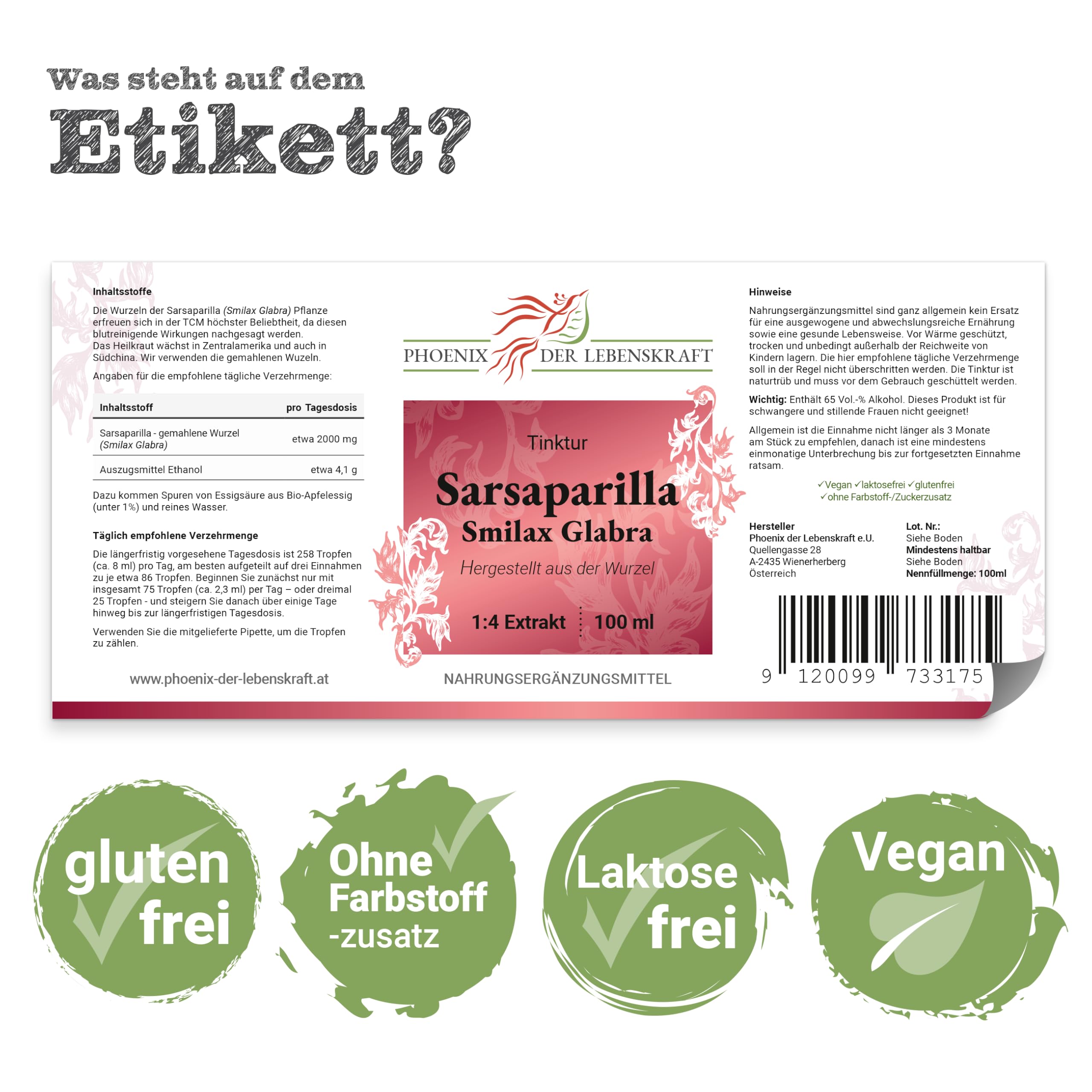 Sarsaparilla Tinktur 100ml | Smilax Glabra Tropfen (1:4 Extrakt) | Top Premium Qualität aus Österreich | Veganes Nahrungsergänzungsmittel ohne Zusatzstoffe | Zarzaparrilla, Jamaican Sarsaparilla