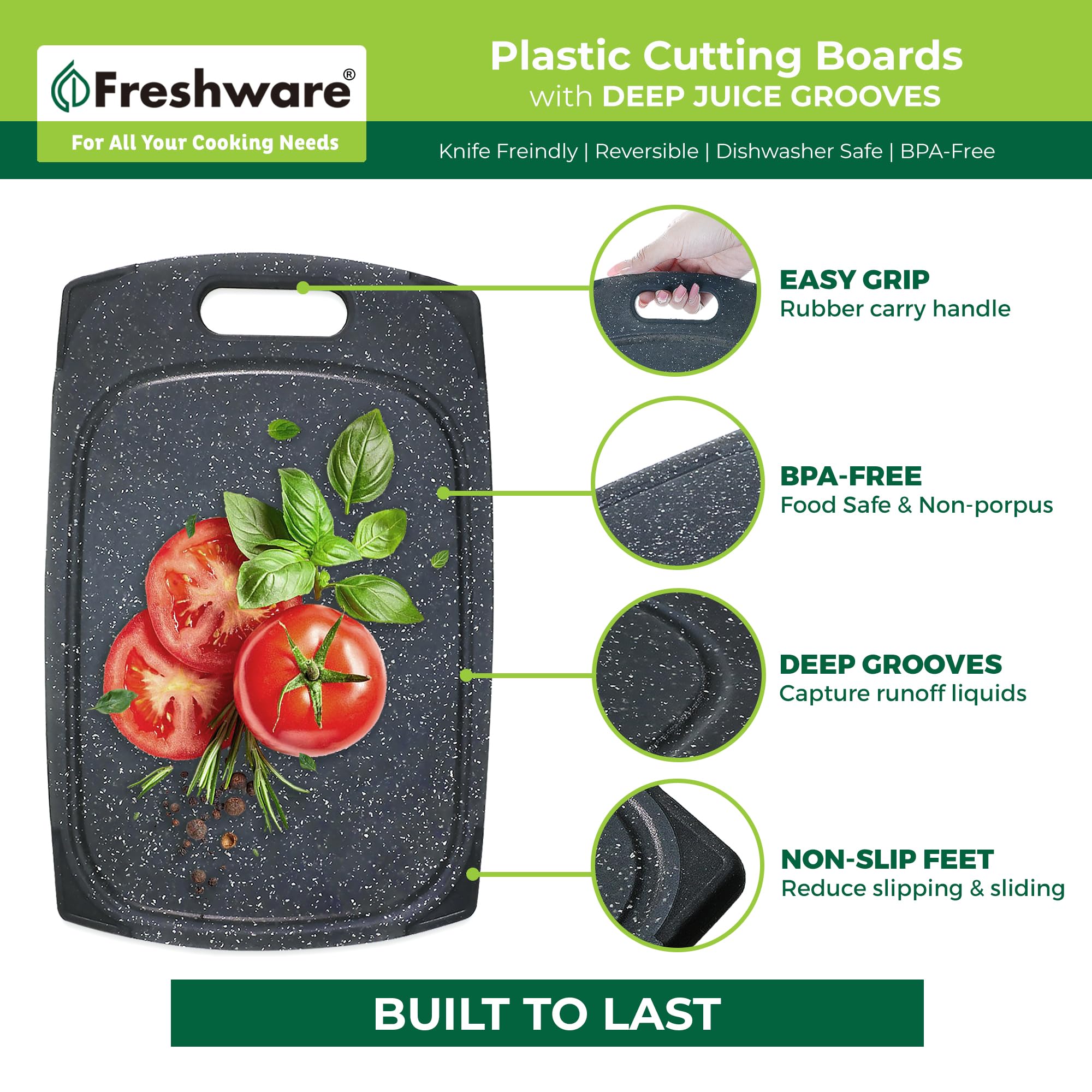 Juego de 3 tablas de cortar de plástico para cocina, ranuras para jugos con mango de fácil agarre, sin BPA, no porosas, aptas para lavavajillas, mármol negro