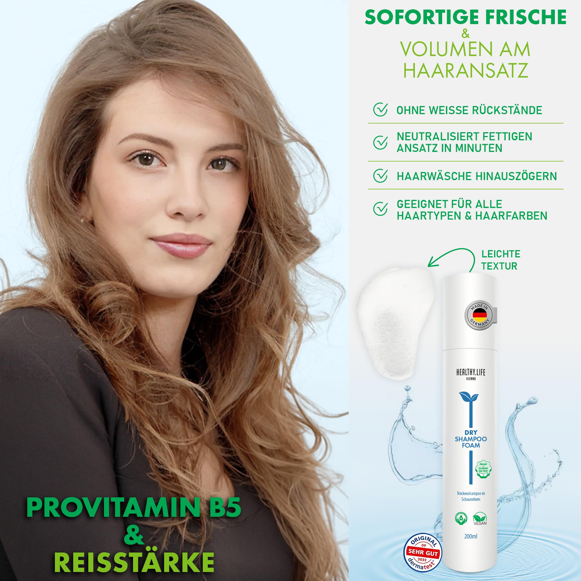 HLV - Dry Foam Shampoo | Frisches Haar & Volumen | Entfettet die Haare | VEGAN, Schnelle Haarpflege, Trockenshampoo Schaum | Ohne Sulfate & Silikone | Geeignet für Alle Haartypen & Haarfarben, 200 ml
