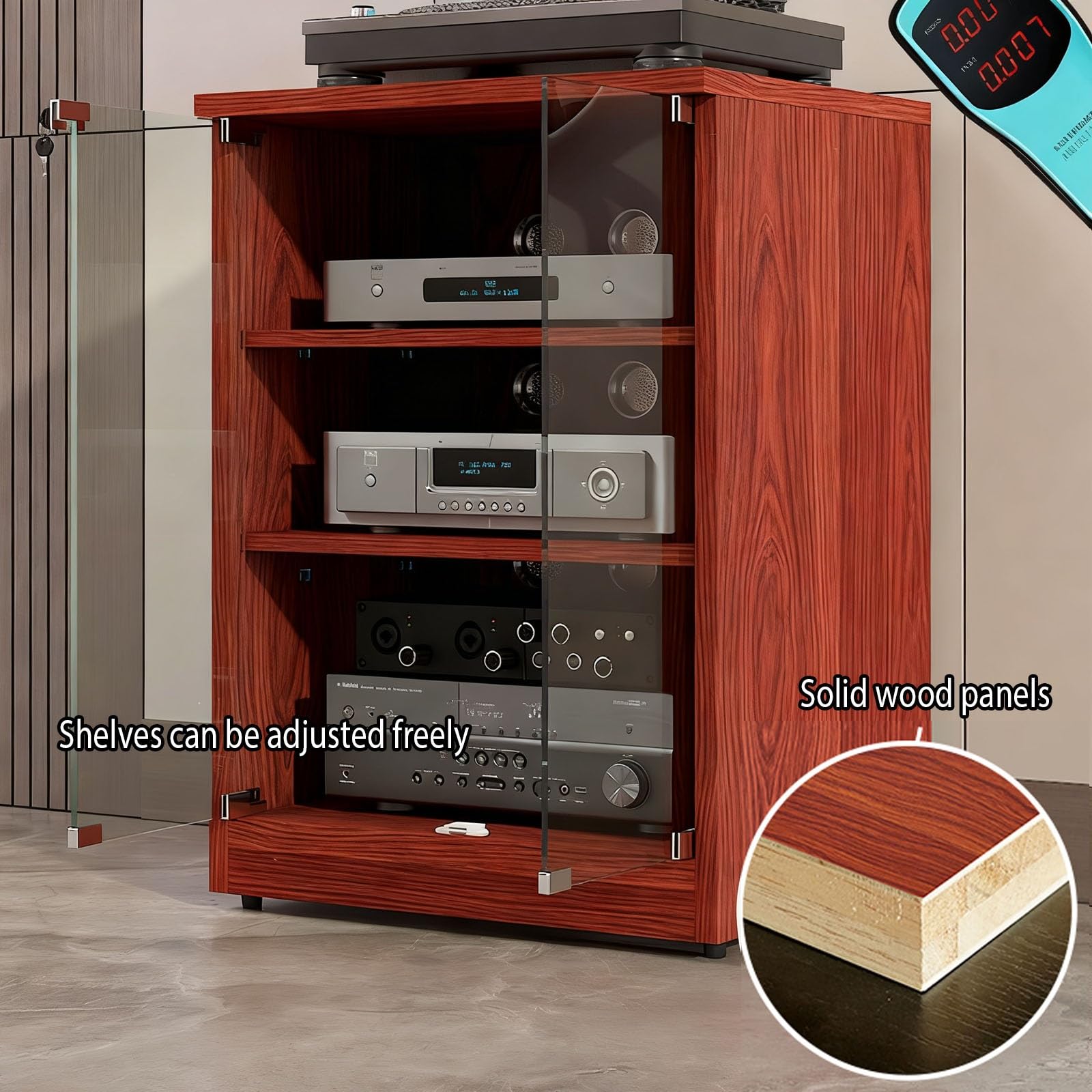 WiFi Router Storage, Audio Video Media Stand, Media Cabinet AV Stand Stereo Cabinet with Adjustable Shelves Tempered Glass Doors and Cable Management(Walnut,80cm31.5in)